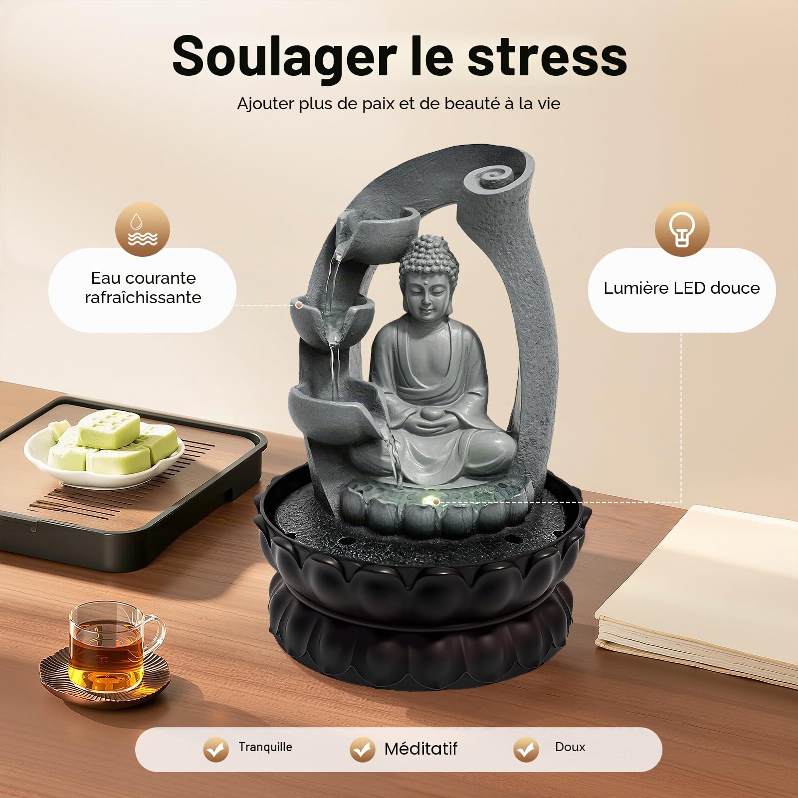 Fontaine d'intérieur Bouddha - Cascade - Fontaine de jardin - Avec éclairage LED - Pour la maison et le bureau - 21 x 21 x 28 cm