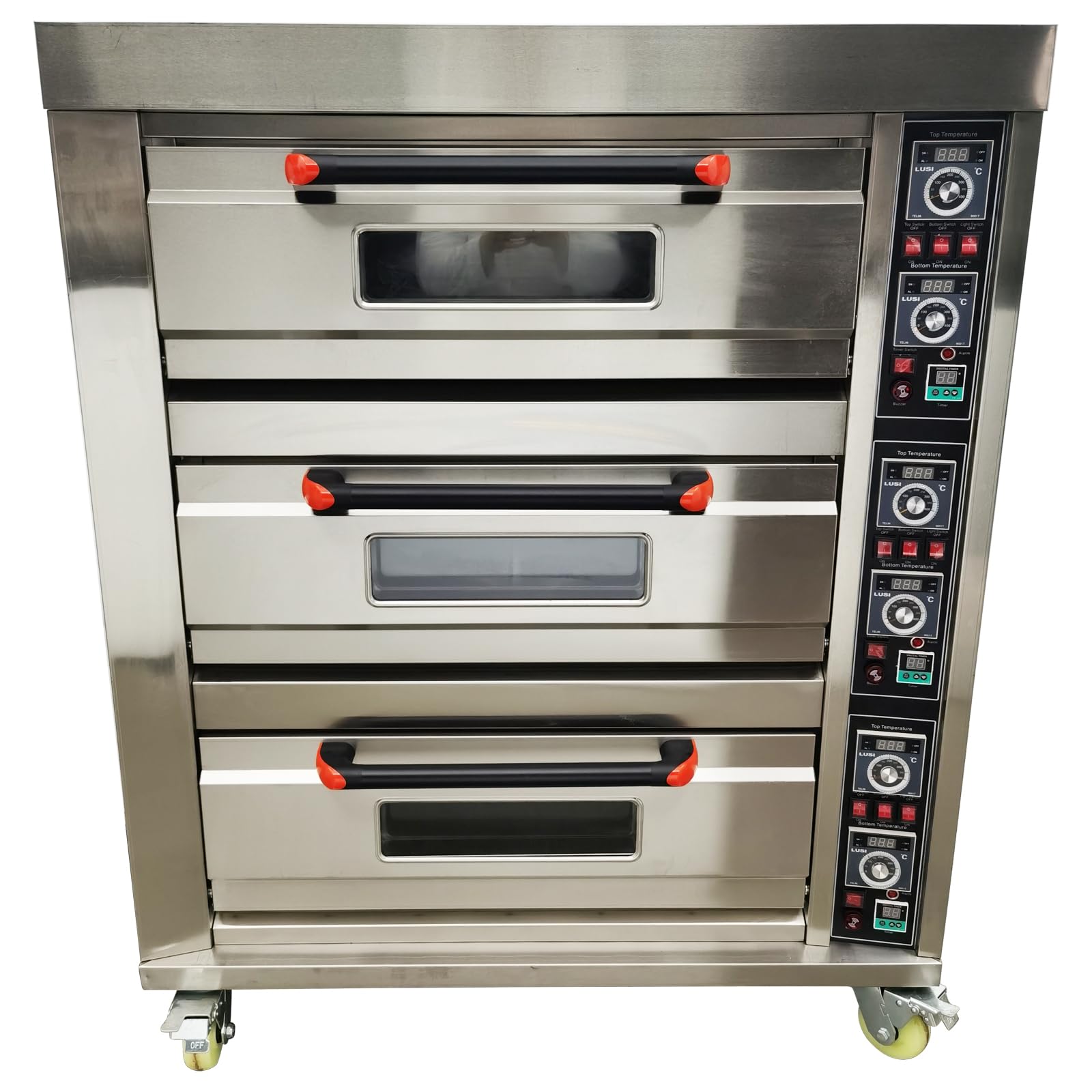 BEILOCKERY 220V Commercial Pizza Oven 19.8KW 3PH Stainless Steel Triple-Deck 6 Baking Sheets Countertop Electric Movable Pizza Oven with Universal Wheels for Commercial Use