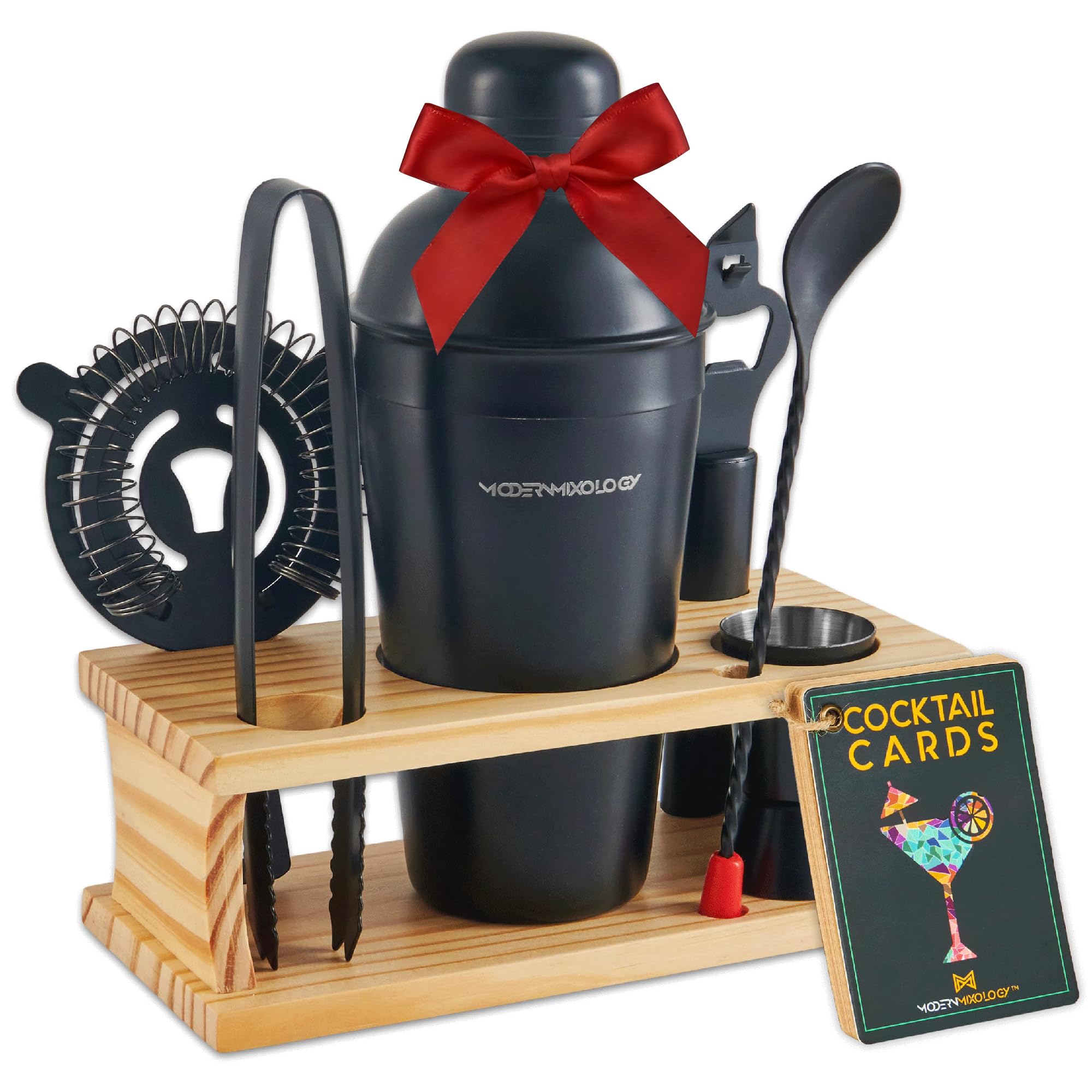 Modern Mixology Bartender Kit - 8-Piece Black Matte Cocktail Shaker Set with Pine Wood Stand, Recipe Cards, and Bar Accessories Ideas