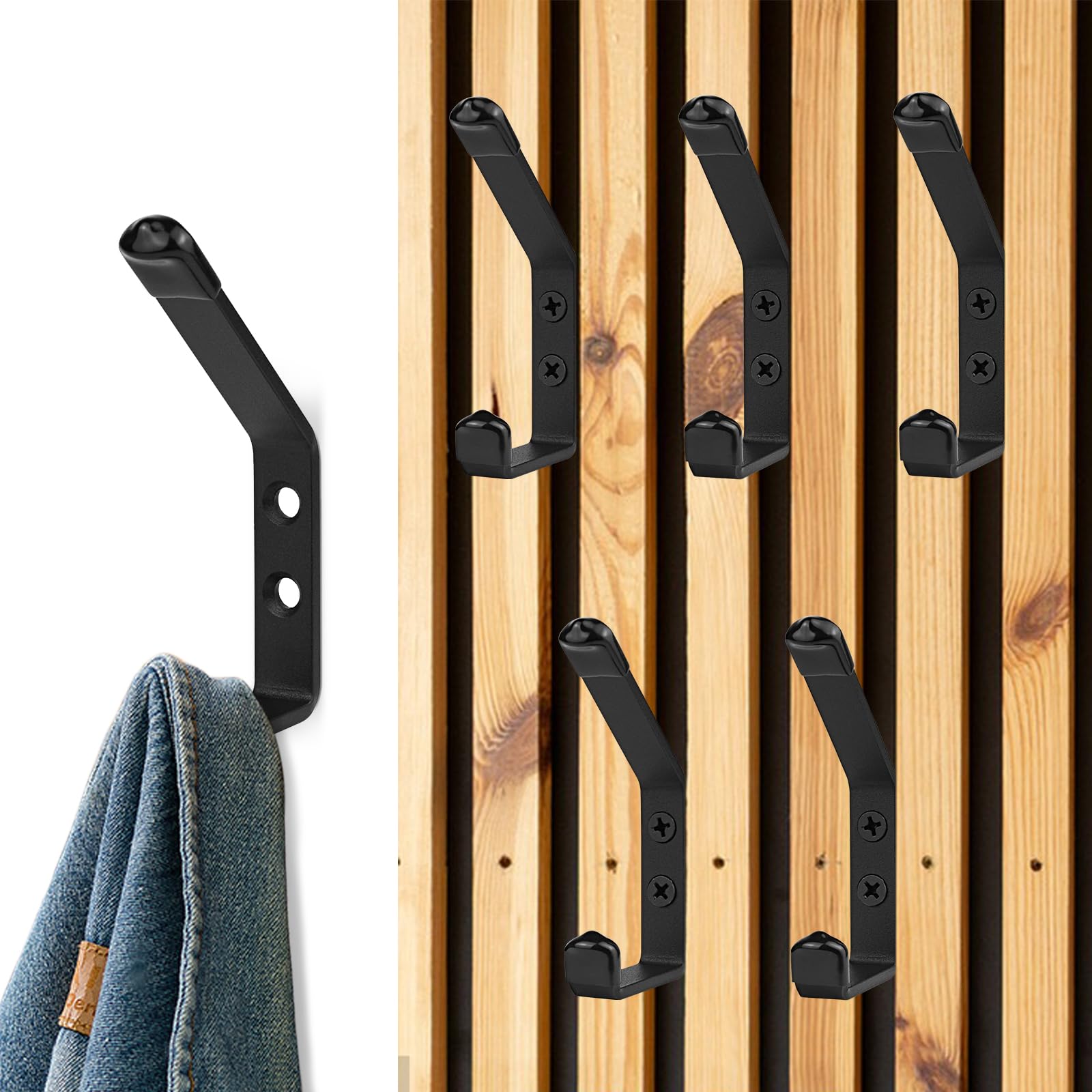 PnxdeobXL 6 stuks garderobehaken, kledinghaken, handdoekhaken zwart, kledinghaken voor muur, garderobe, haken om te schroeven, voor badkamer, deur, slaapkamer