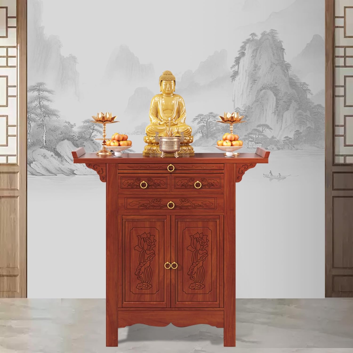 Altar Table with Storage, Buddhist Altar Table, Bamboo Altar Cabinet with Doors, Meditation & Prayer Shrine, Chinese Pooja Offering Table (42.52x34.65x19.21in)
