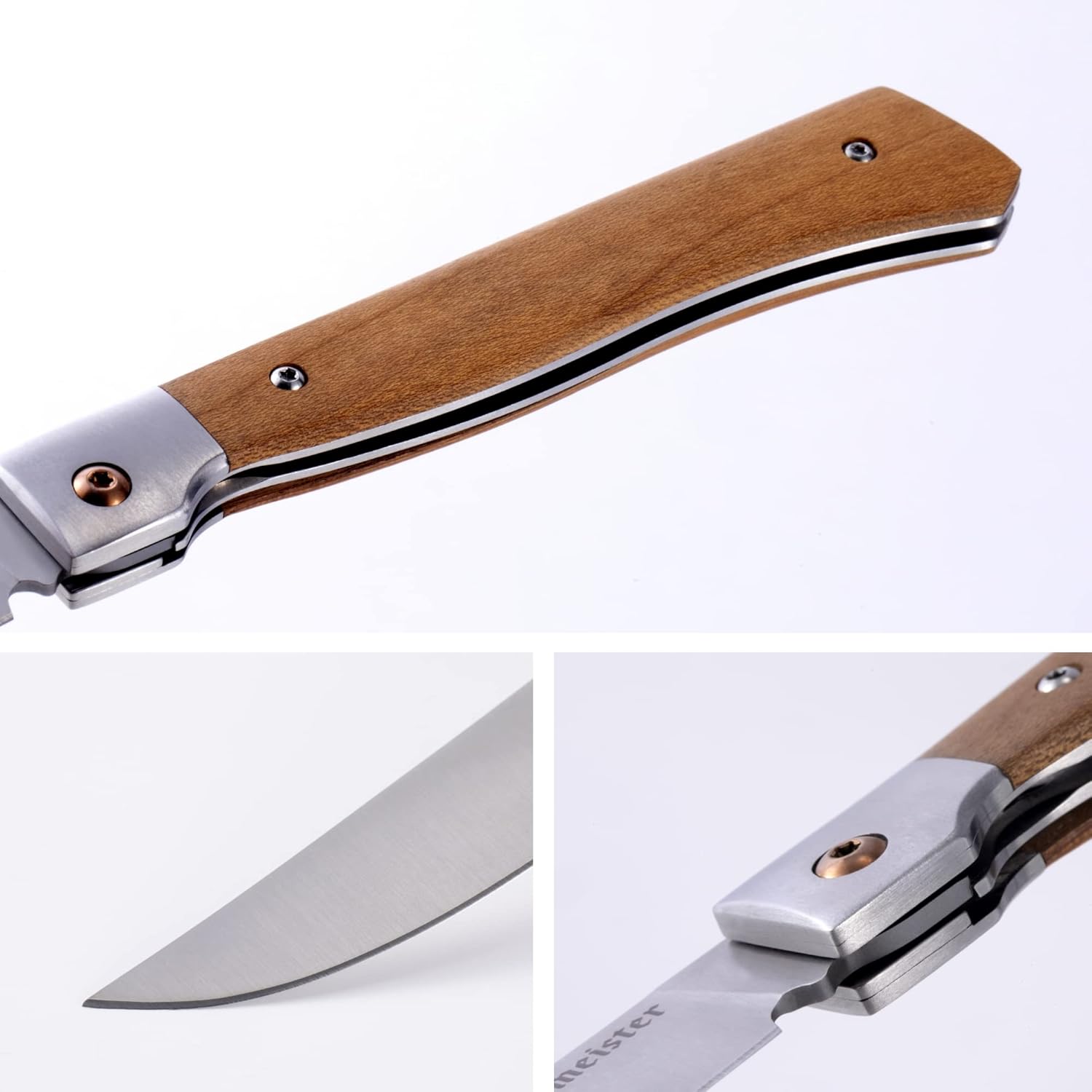 Messermeister 4” Folding Steak Knife Set in Leather Roll - German X50 Stainless Steel & Carbonized Wood Handle - Rust Resistant & Easy to Maintain - Includes 4 Knives & Leather Pouch