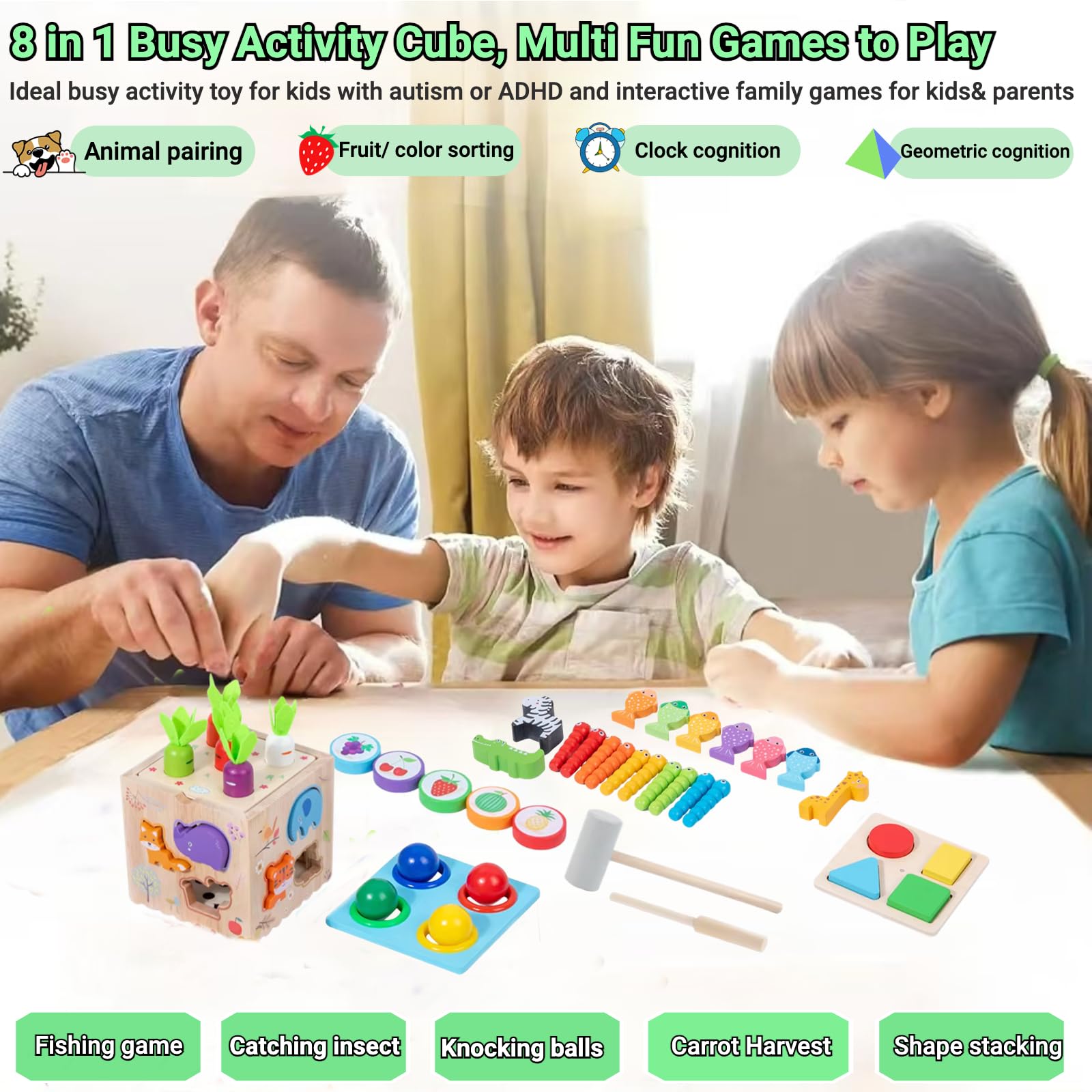 Giocattoli Montessori per bambini,kit di giocattoli in legno 8 in 1 con abbinamento di animali,ordinamento di frutta e colore, pesca,gioco di palline,cubo attività impegnativo per abilità motorie fini