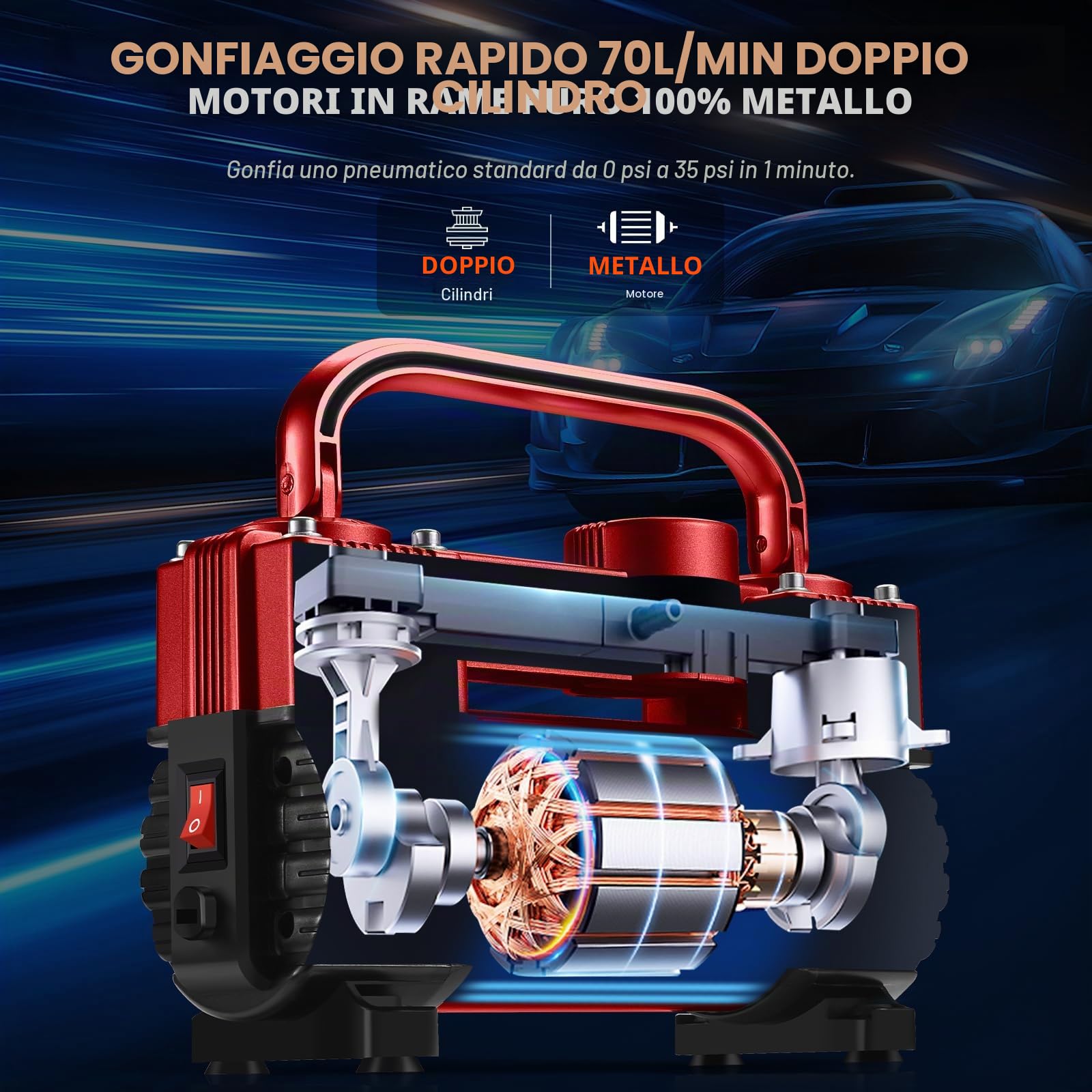 GSPSCN Rosso Compressore Aria Portatile ad Alta Resistenza a Doppio Cilindro, Gonfiatore Pneumatici in Metallo DC 12V, Pompa Elettrica da 150 PSI per Gonfiare Le auto, camion, SUV, Moto,palloni.