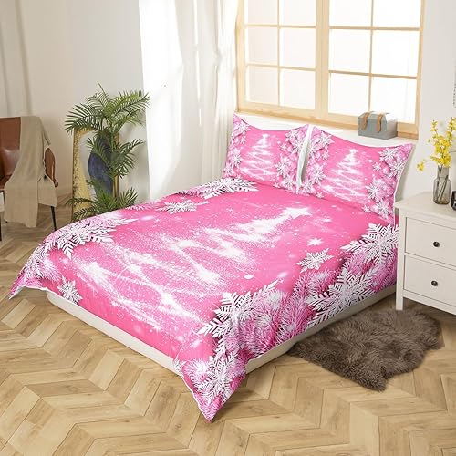 Miniatura 2 de Juego de funda de edredón de árbol de Navidad para niñas, juego de ropa de cama rosa con copos de nieve de Navidad para mujeres y niños, decoración