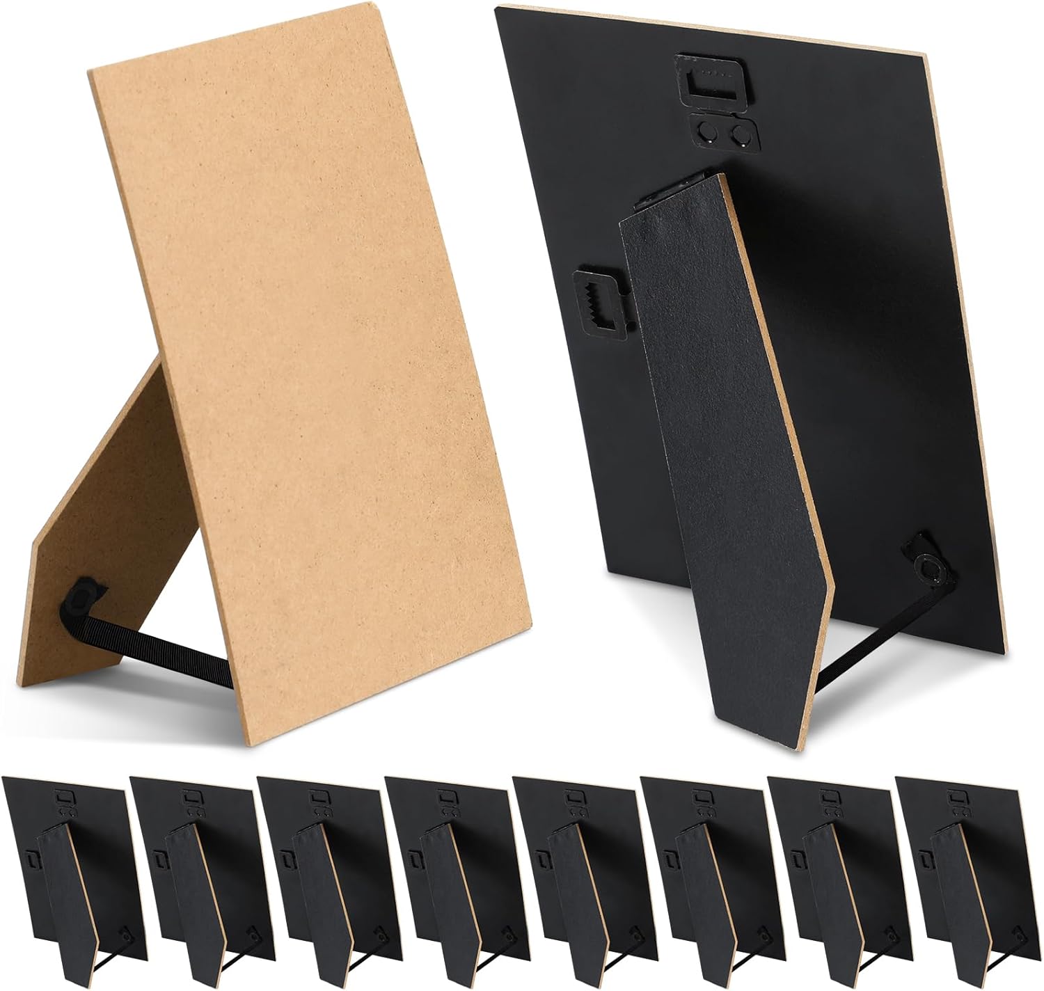 10 Pcs Black Easel Back for Picture Frame 5 x 7 Inch DIY Backing Board with 2 Metal Hinged Hangers for Photo Frames Tile Art Tabletop Wall Mounting, Vertical or Horizontal