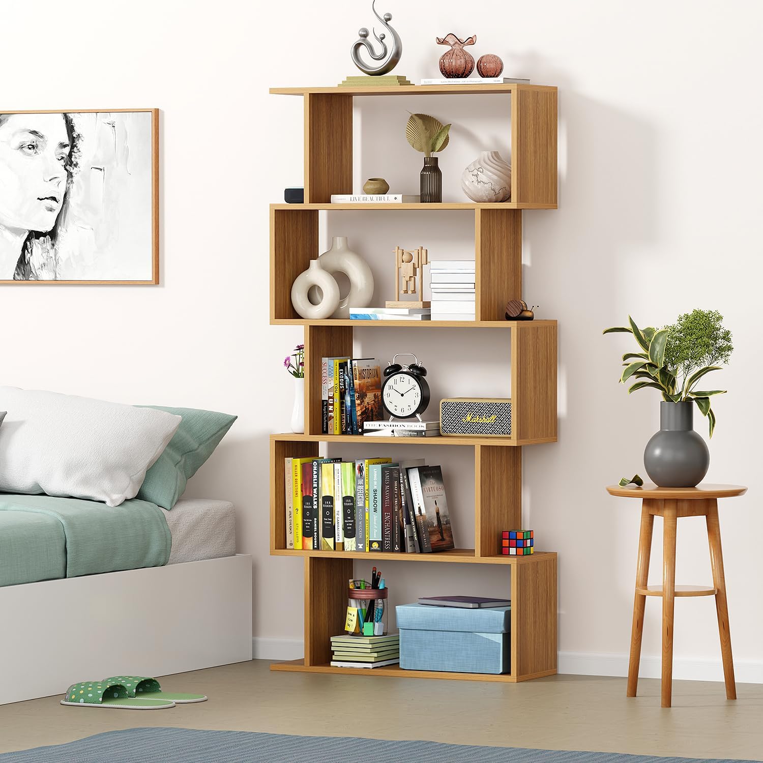 FORKTAIL MR-002 Light Oak 5-Layer Ladder Bookshelf - DIY Engineered Wood Bookcase for Home Office Décor (149 x 70 x 24 cm)-image-36