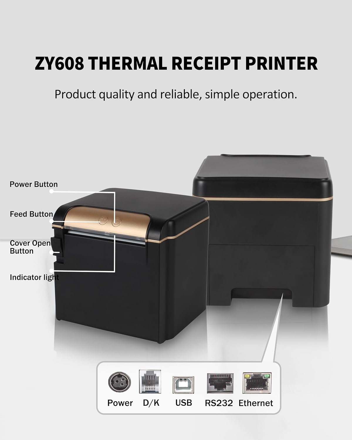 Diagram showing the ZYWELL ZY608 printer's buttons and rear ports