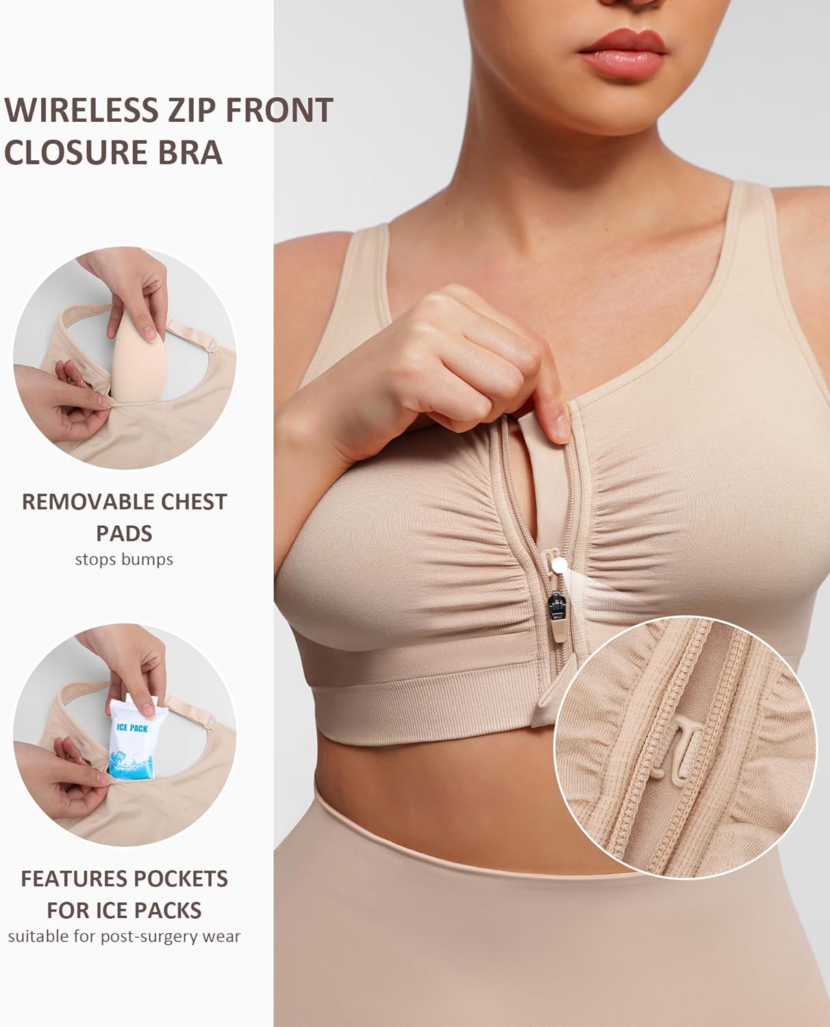 FeelinGirl Zip Front Closure Bras for Women No Underwire Compression Post Surgery Bra with Wide Adjustable Straps - Image 3