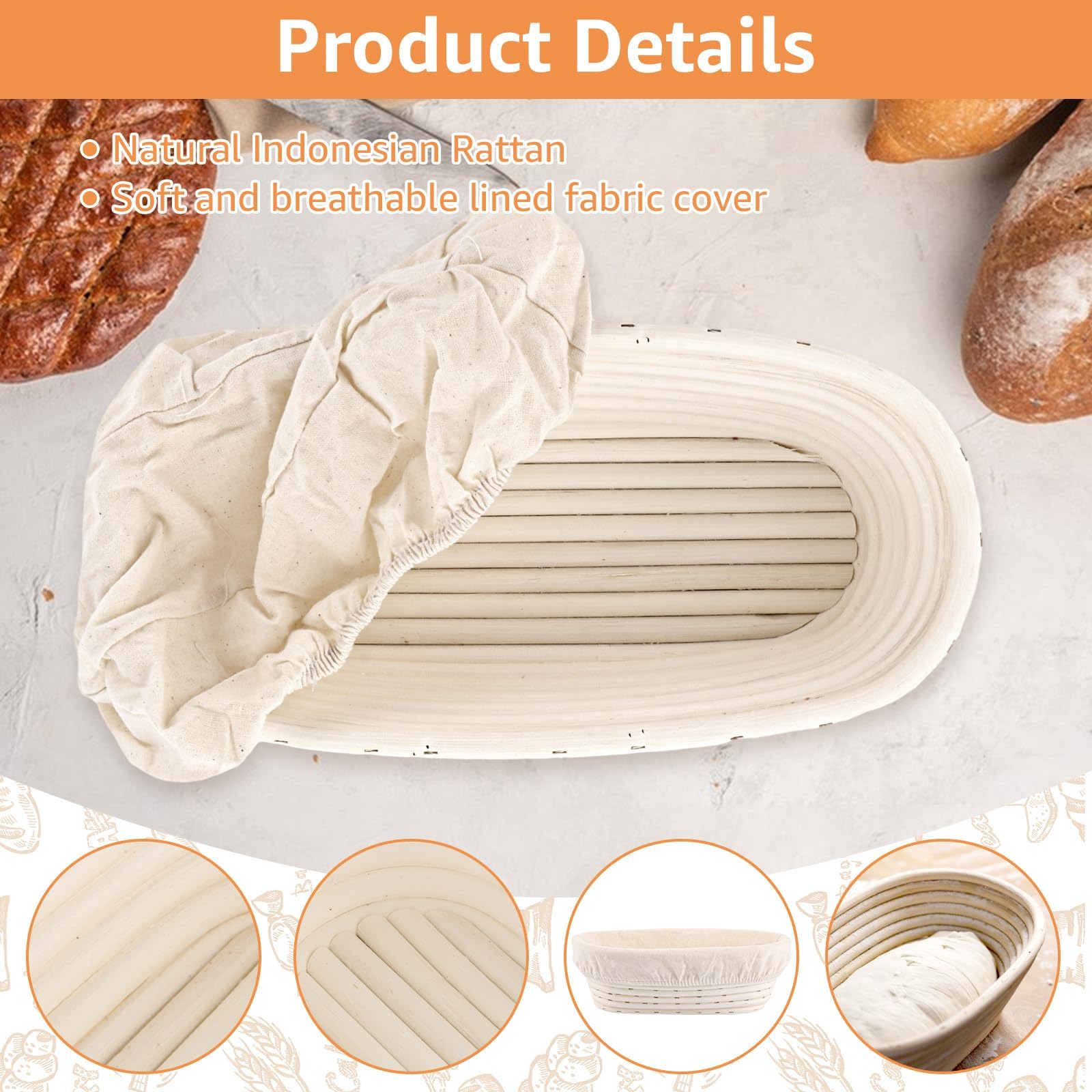 Lot de 2 paniers de fermentation ovales de 30 cm avec chiffon en lin et pinceau à huile en silicone, panier de fermentation pour la cuisson du pain et de la pâte à pain