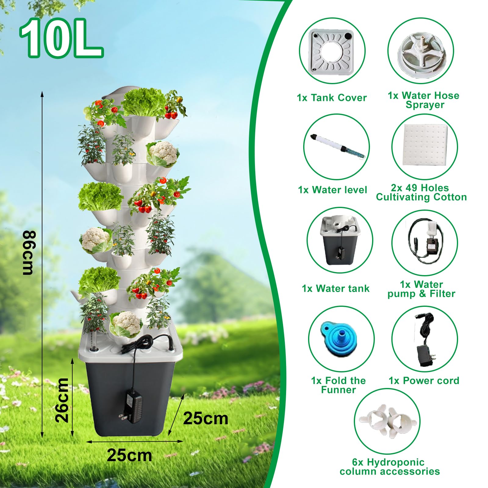 Système de culture hydroponique, tour hydroponique, 30 pods, Aeroponic Tower Garden pour herbes, fruits et légumes en intérieur, kit de culture de légumes avec réservoir d'eau de 10 litres et pompe