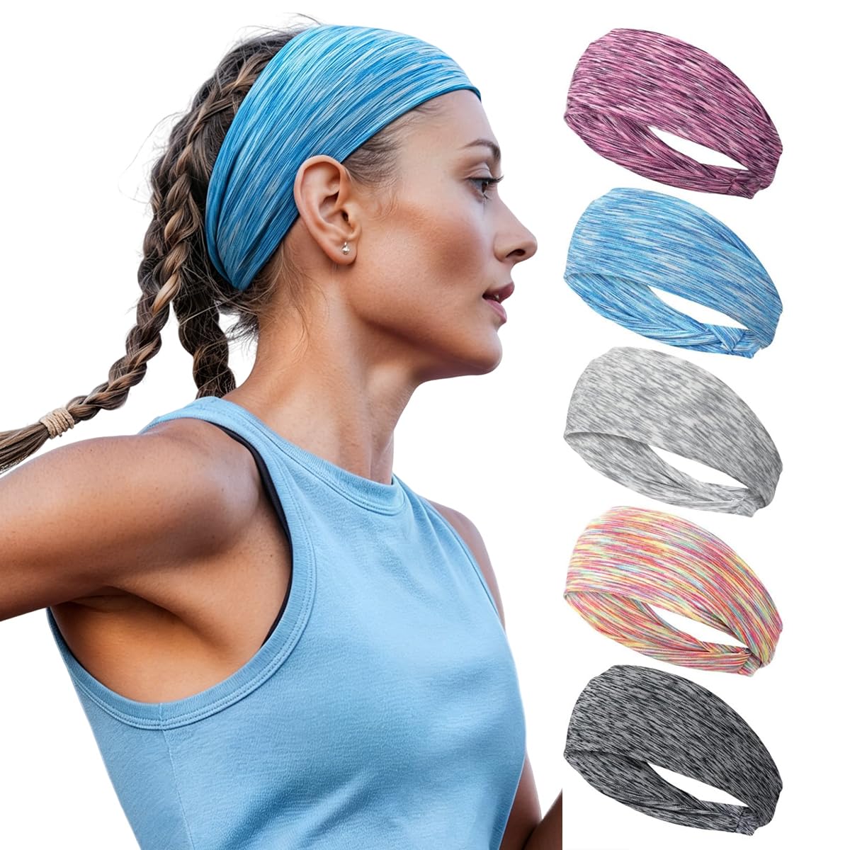 maycreate 5pcs Hair Bands for Women Yoga Bandanas Sports Hair Band Soft Elastic Head Band for Women Non Slip Wide Sweat Headband for Workout Running Gym - Colorful Assorted-picture-42