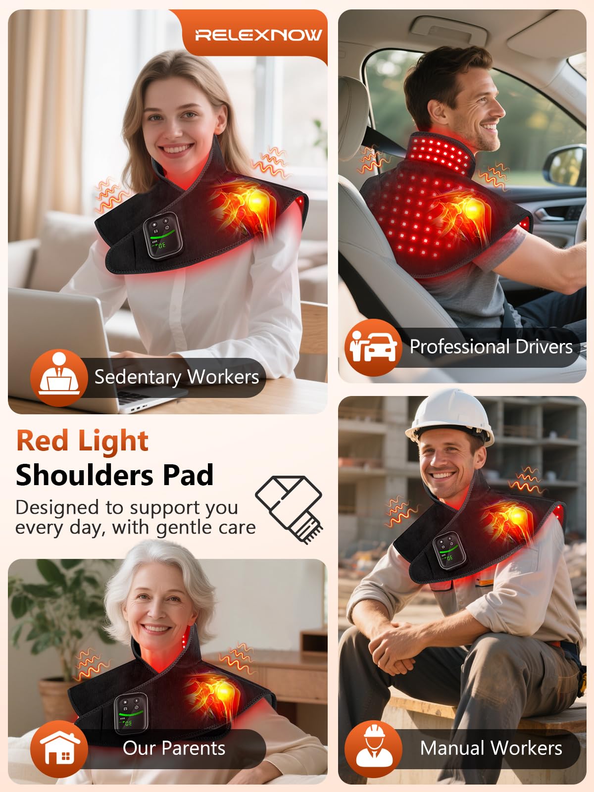 RELEXNOW Terapia de luz roja cálida para masaje de hombros y cuello, batería de 5000 mAh, inalámbrica, almohadilla terapéutica infrarroja para el cuerpo, almohadilla térmica