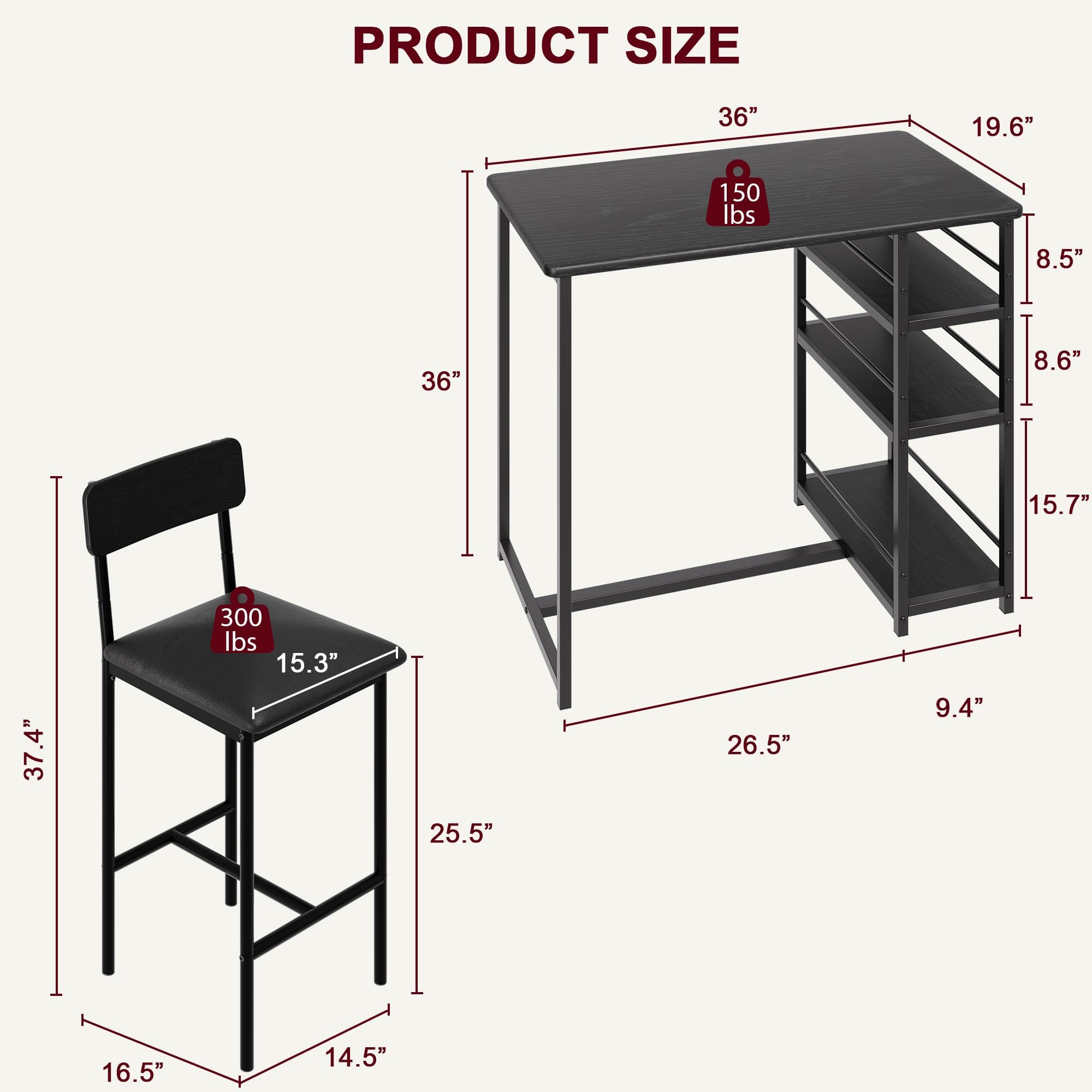 Mesa de cocina pequeña, mesa de comedor con 2 sillas, 3 estantes laterales, mesa de bar con taburetes de bar, conjunto de comedor para cocina, comedor, salón, color negro
