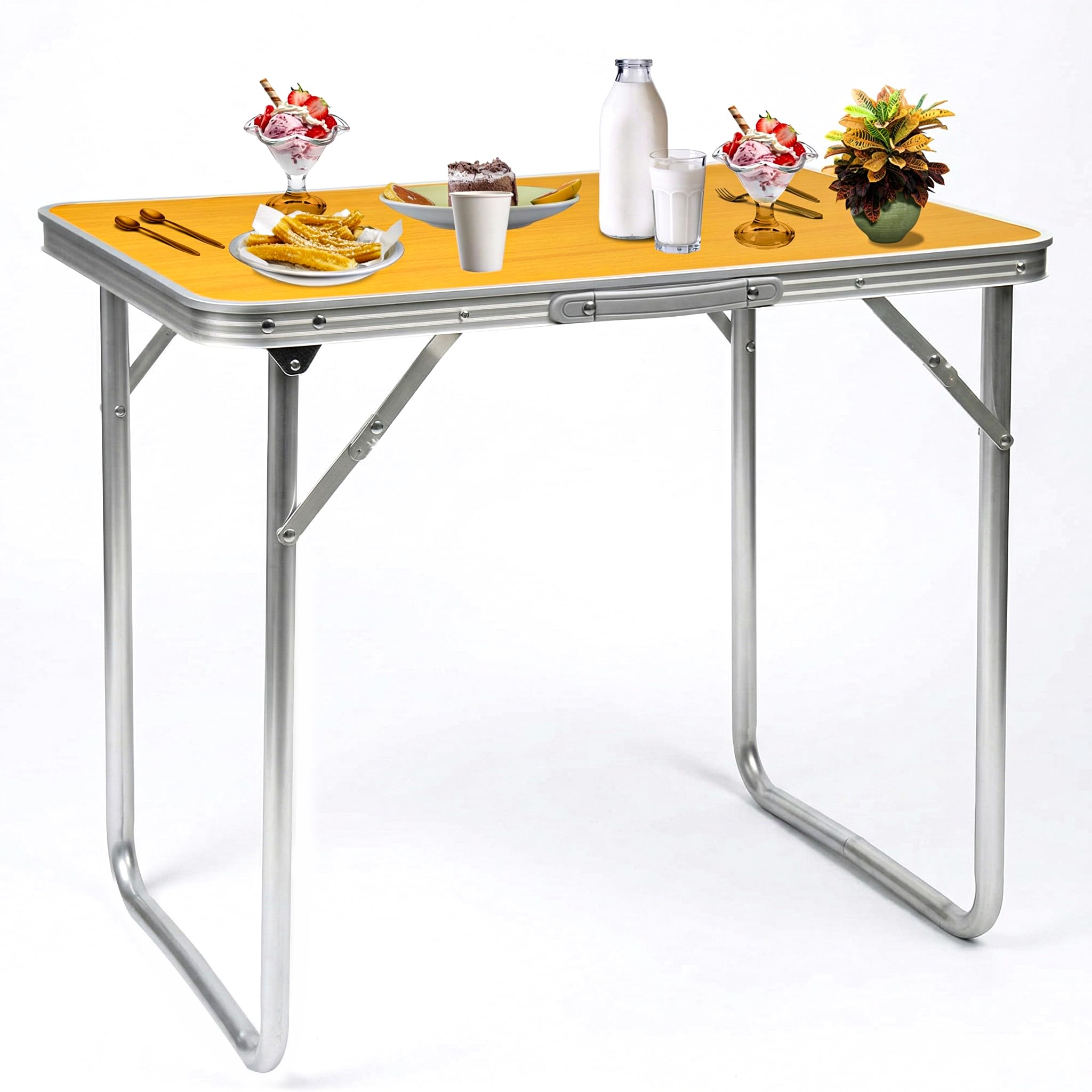 Crystals Foldable Camping Table Portable Lightweight Aluminium Picnic Table - 4 People Compact Garden Table - (70W x 60H x 50D) cm - 50 lb Weight Capacity (Orange)