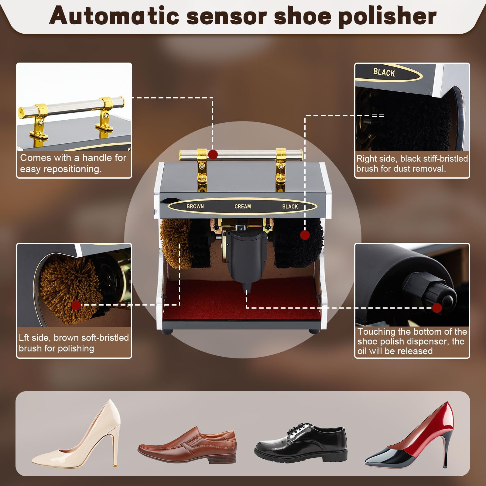 Elektrische Schuhe Reiniger Shiner Sohle,Polishing Machines for Shoes,Shoe Shine Machine with 2 Brushes and Shoe Polish Dispenser,for Shoes Sofas Operation Perfect for Friends