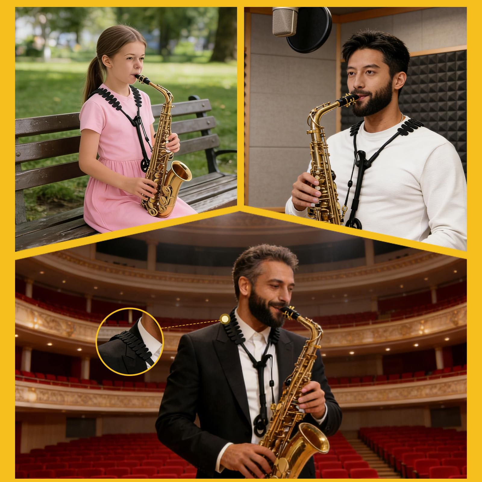 Sangle tour de cou réglable pour saxophone double harnais avec pivot à 360° et mousqueton en métal, bandoulière confortable pour saxophone alto et ténor
