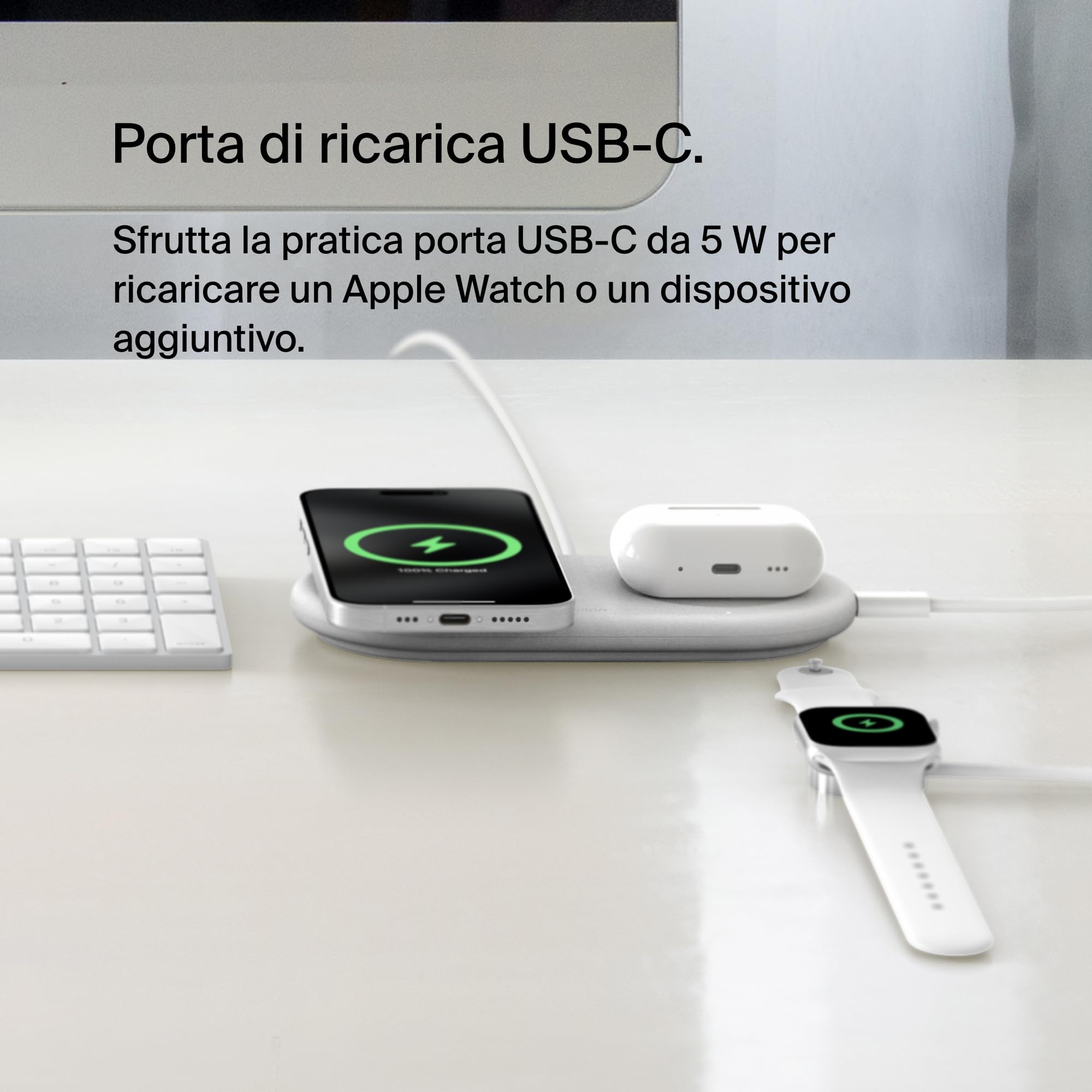 Belkin BoostCharge Pro Tappetino di Ricarica Wireless 2 in 1 con tecnologia magnetica Qi2 15W, Caricabatteria wireless rapido per iPhone 17, Air, Pixelsnap, AirPods e dispositivi MagSafe - Bianco