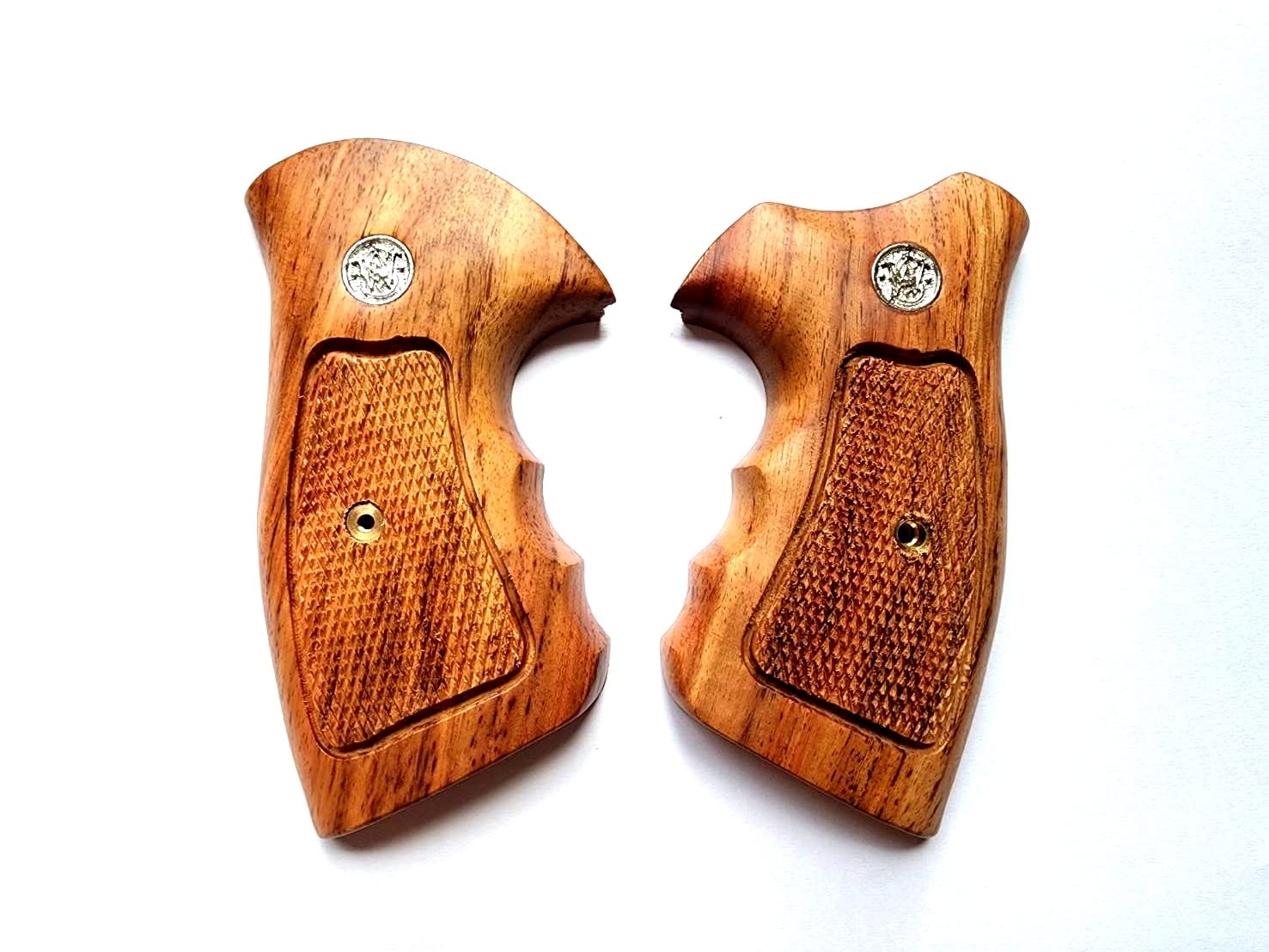 [BMPL**] Hardwood Gun Grips Compatible Replacement for Smith and Wesson S &W Revolver , N Frame Square Butt, Checkered, Revolver, New Handmade Handcraft, Brown