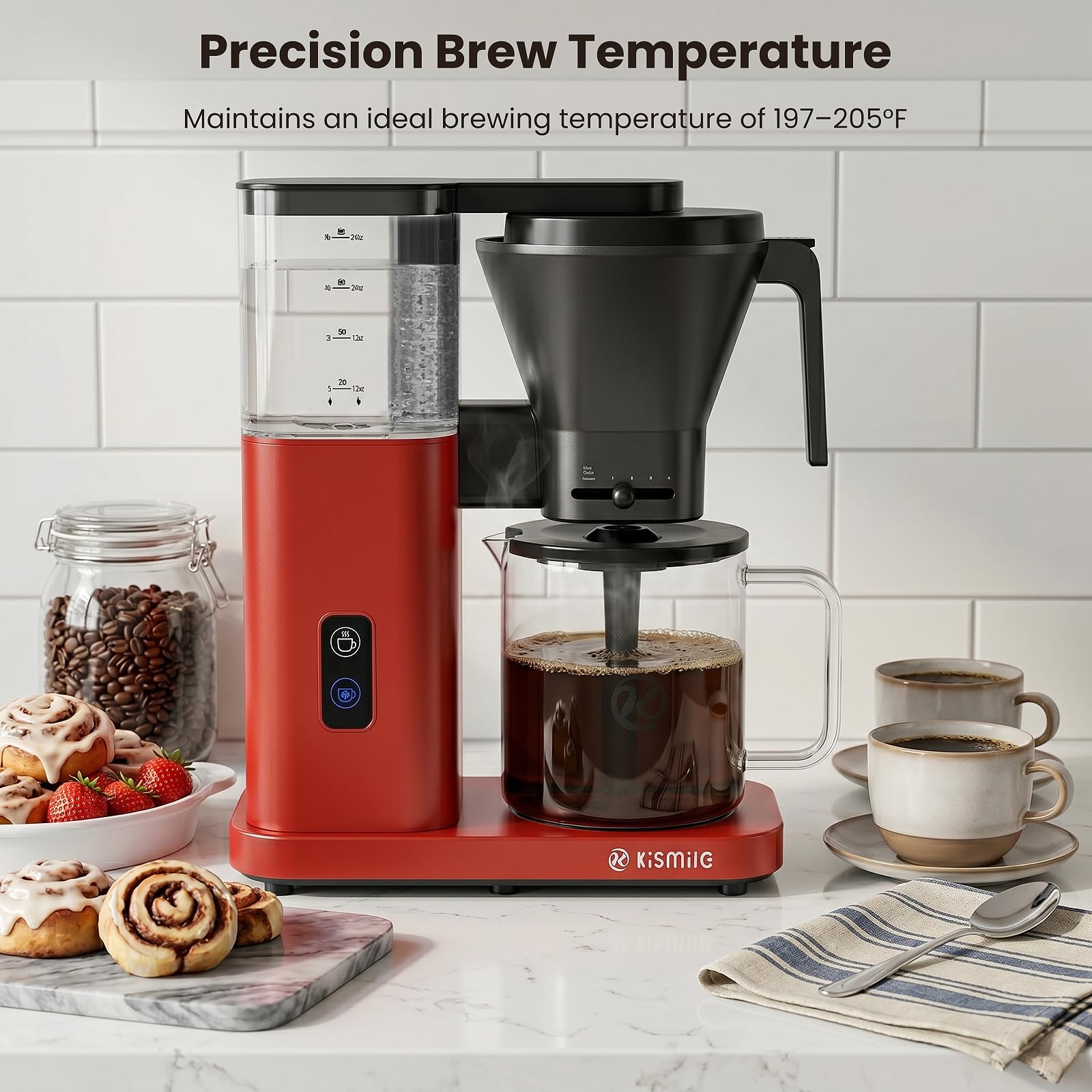 Kismile 8-Cup Coffee Maker, SCA Certified Hot & Cold Brew Coffee Machine, 6-Min Quick Brew, Magnetic Anti-Drip, Keep Warm/Auto-off, Dishwasher Safe, DIY Manual Mode, 44oz Removable Reservoir, Red