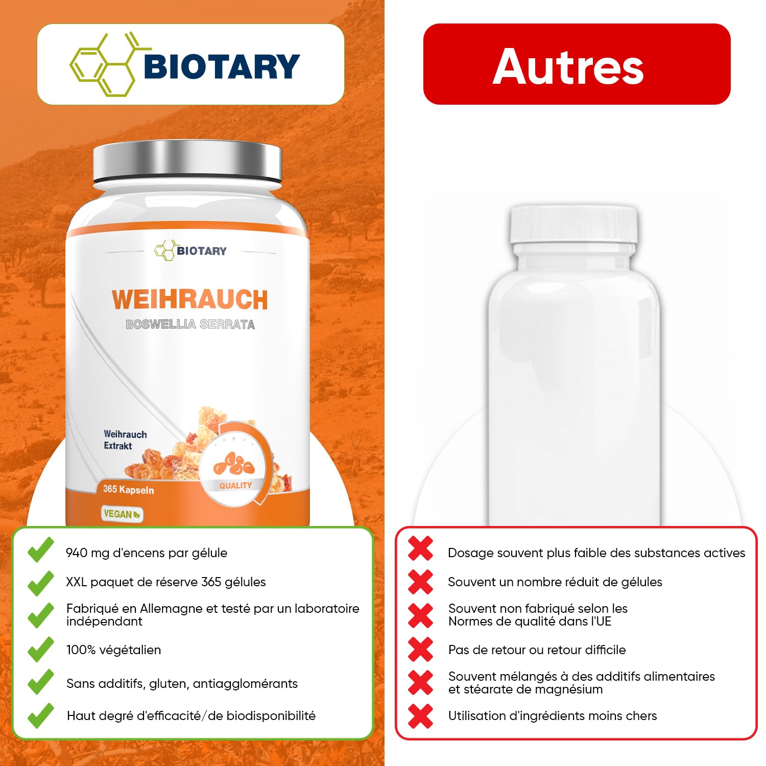 Boswellia Serrata 9400 mg 10 :1, 365 gélules, Pour 6 Mois, y compris le pilulier, 85% D'acide Boswellia, végétalien, qualité premium, testé en laboratoire, 100% de Boswelia Serrata Indien