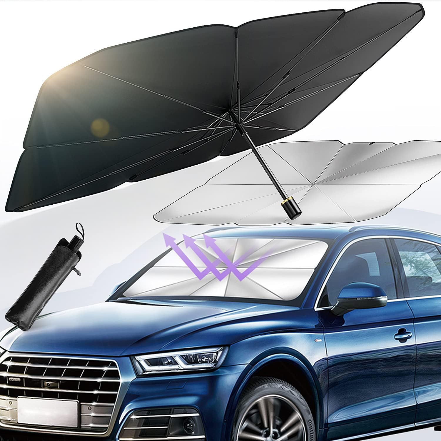 Edtech Car Sunshade Umbrella Foldable Windshield Cover Retractable Pop Up Car Sun Shade for lock UV Rays Front Window Heat Insulation Protection (125x65cm)