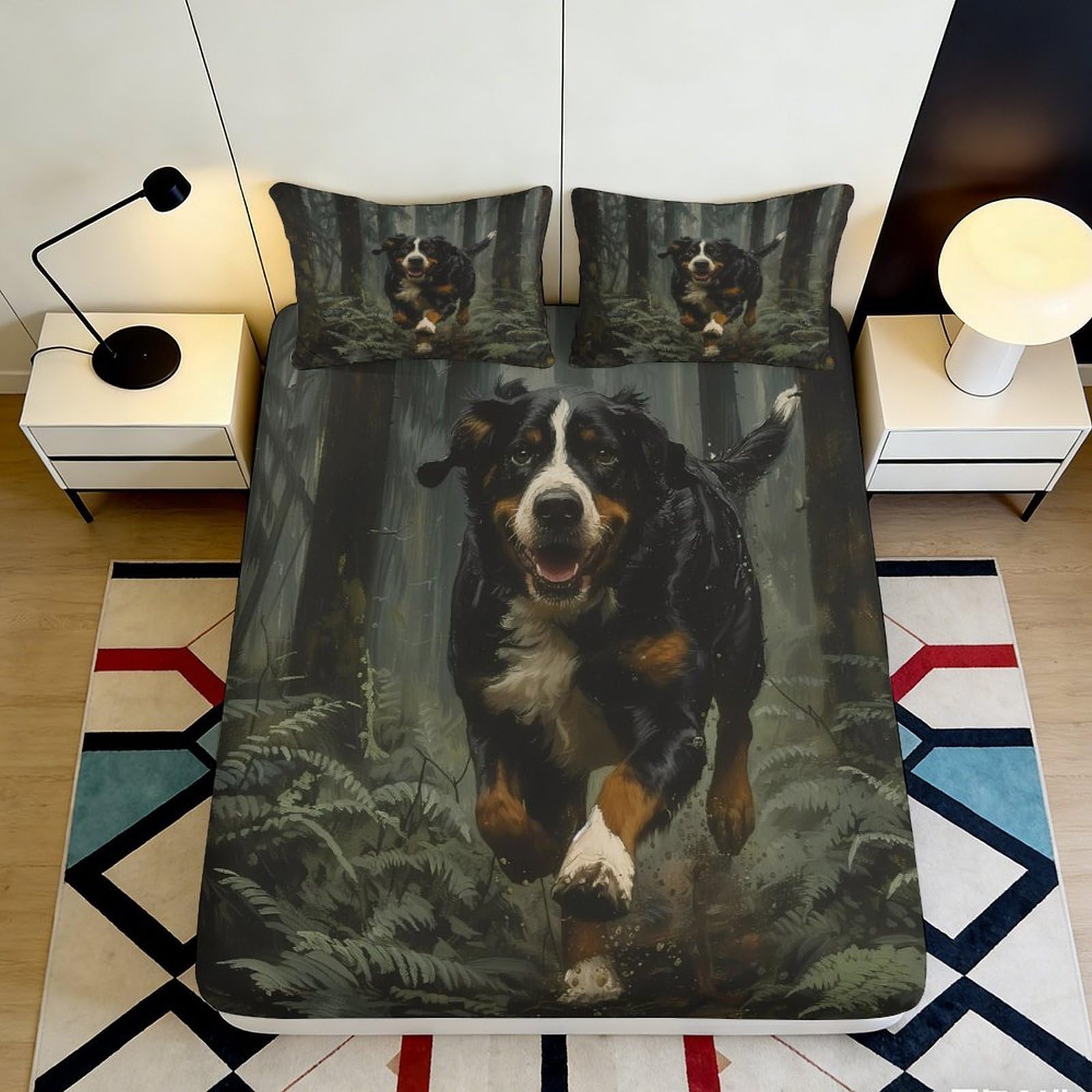 3D Printed Bernese Mountain Dog Forest Fitted Sheet Microfiber Anti-Slip Bed Cover for Bedroom Guest Room Easy Care 200x200x25cm