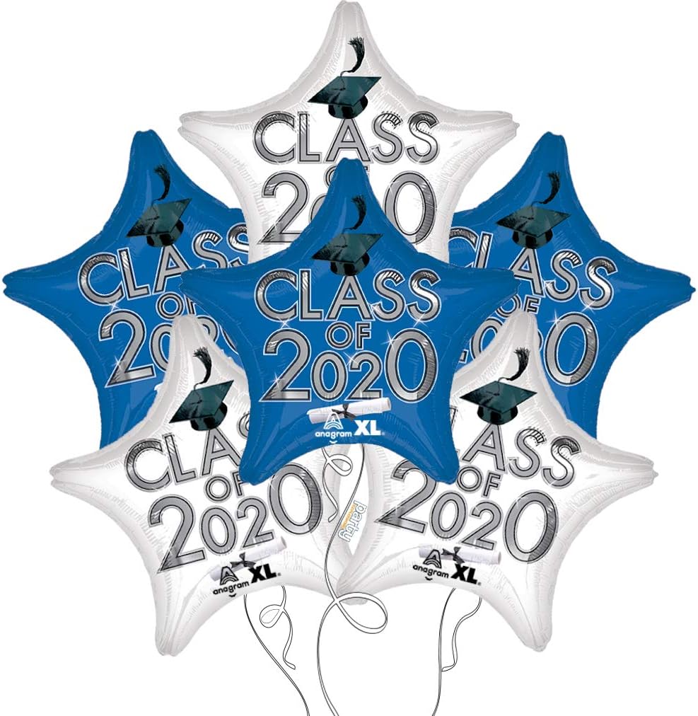 Graduation Cap Star Shaped Mylar Balloons 6-Pack (Blue & White - Class of 2020)