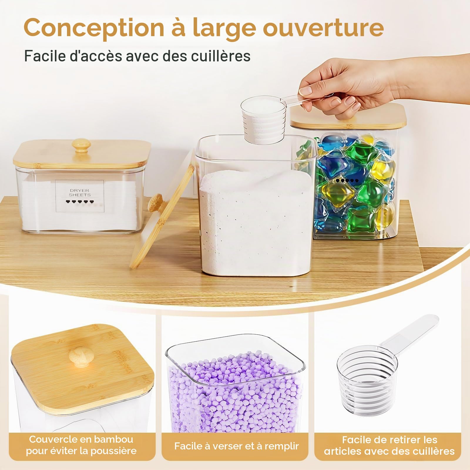 Yorbay Lot de 5 unités de stockage de détergent : distributeur de détergent transparent avec gobelet doseur et étiquettes, récipient avec couvercles en bambou et cuillères pour lessive en poudre