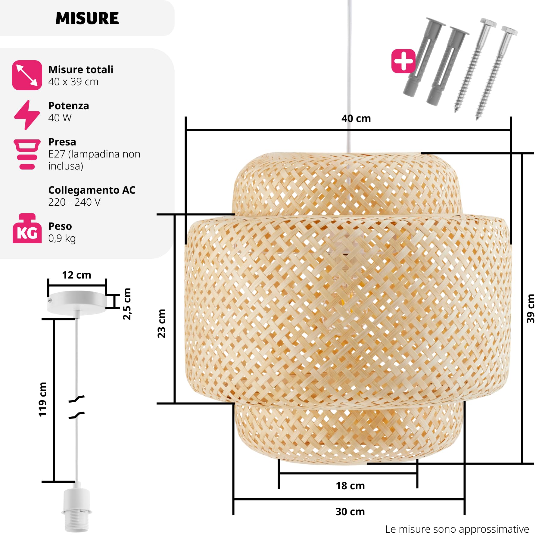 tectake® Lampada da Soffitto con Paralume in Bambù Intrecciato, Plafoniera Grande per Salotto o Camera, Stile Boho Chic, Telaio Robusto in Acciaio, Cavo Regolabile - Marrone