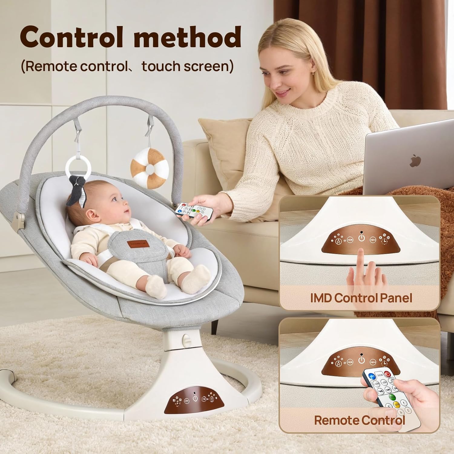 Baby Swings for Infants to Toddler, Electric Baby Swing with Remote, 5 Speeds, Bluetooth & Safety Lock for Newborns up to 20 lbs (Gray)