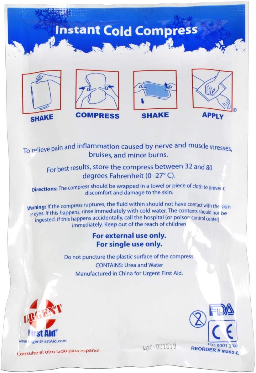 Urgent First Aid Large Instant Cold Pack, 6" x 9" - Disposable Cold Compress - No pre-Chilling Required for Quick, Effective Treatment & Relief of Aches, Pains, Bumps & Bruises