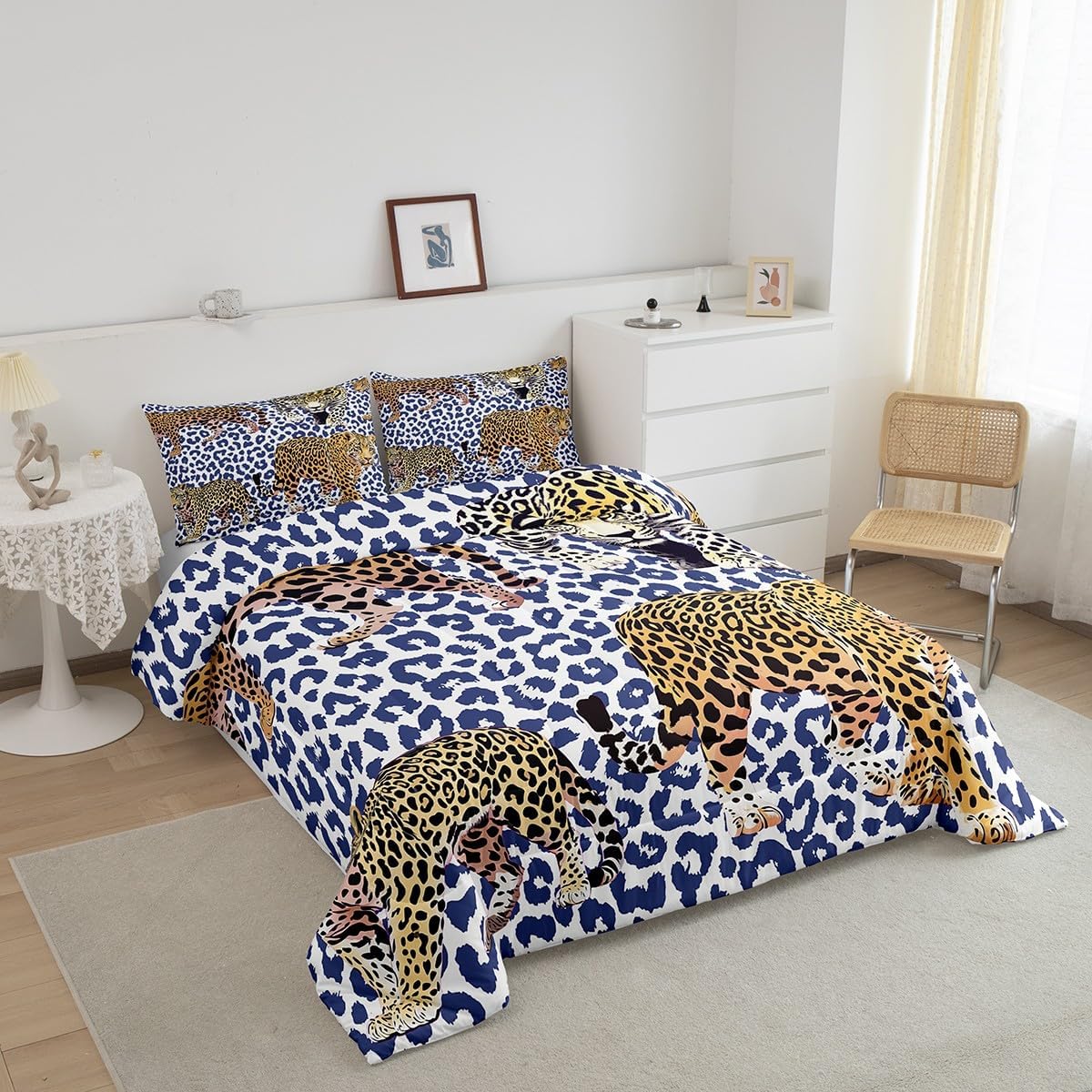 jejeloiu Leopard Comforter Set Toddler Size Girls Blue-Violet Cheetah Print Bedding Set for Women Teens Wild Animal Duvet Quilt Breathable Soft Lightweight Microfiber Chic Room Decor
