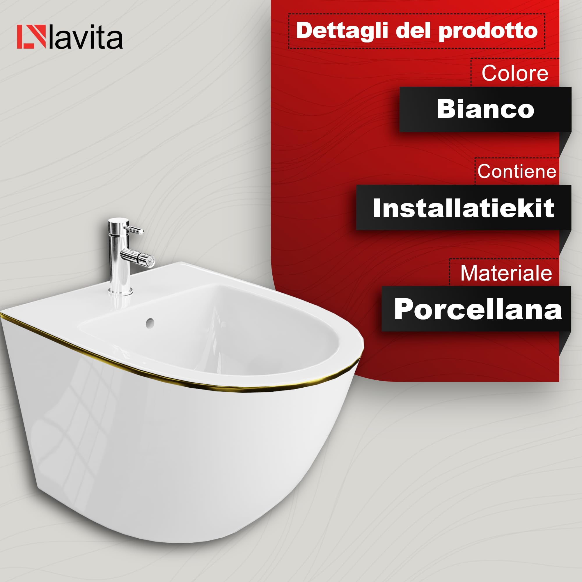 LAVITA Bidet universale da parete Sofi Gold Line con foro per rubinetto e protezione per troppopieno in ceramica, lavabo bidet per montaggio a parete, igienico e facile da pulire, 36,5 x 49 x 32,5 cm