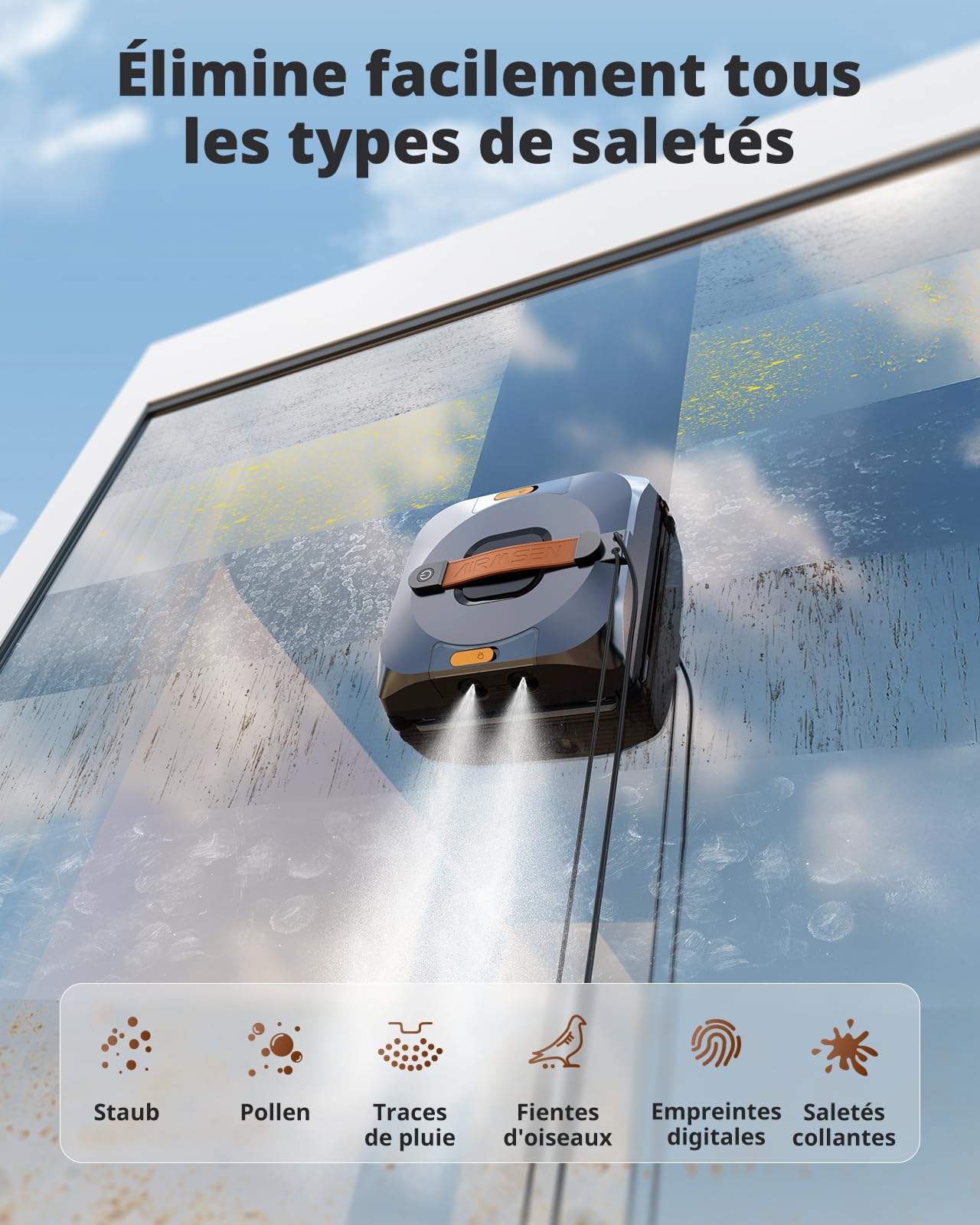 AIRMSEN YW733 Robot laveur de vitre, planification automatique, 4 modes de nettoyage, 4 buses de pulvérisation, grand réservoir 110 ml, 6000 Pa, pour vitres, parois de douche & miroirs
