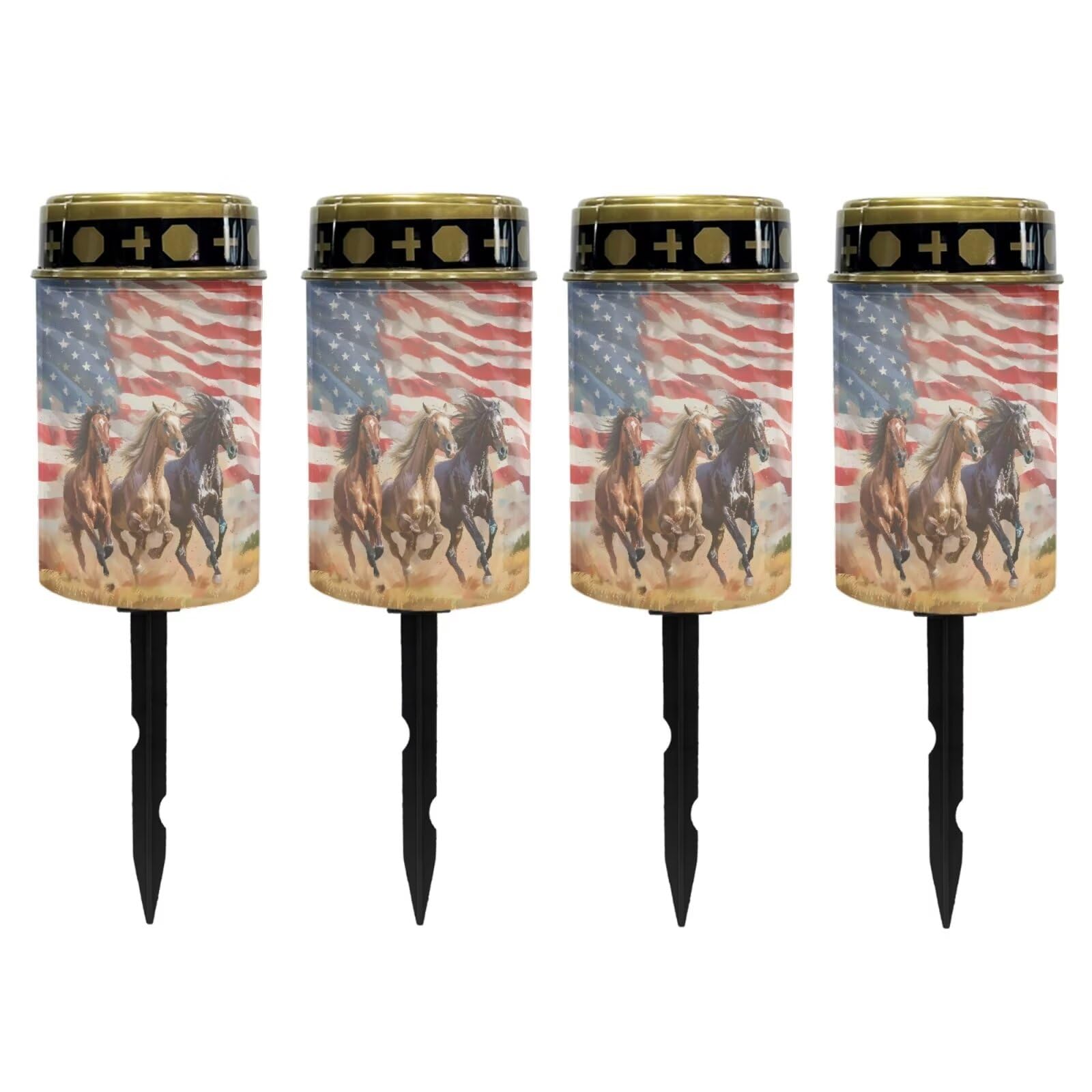 Poceacles Solar Candle Cemetery Solar Lights for Grave LED Garden Lights Solar Powered Solar Pathway Lights Outdoor Waterproof with Dusk to Dawn Sensor, Horse American Flag, Pack of 4