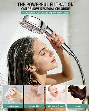 Filtered Shower Head and Hose, 9-Spray Setting High Pressure Shower Head with Filters for Hard Water - Filtered Chlorine (Chrome,2 Filters)