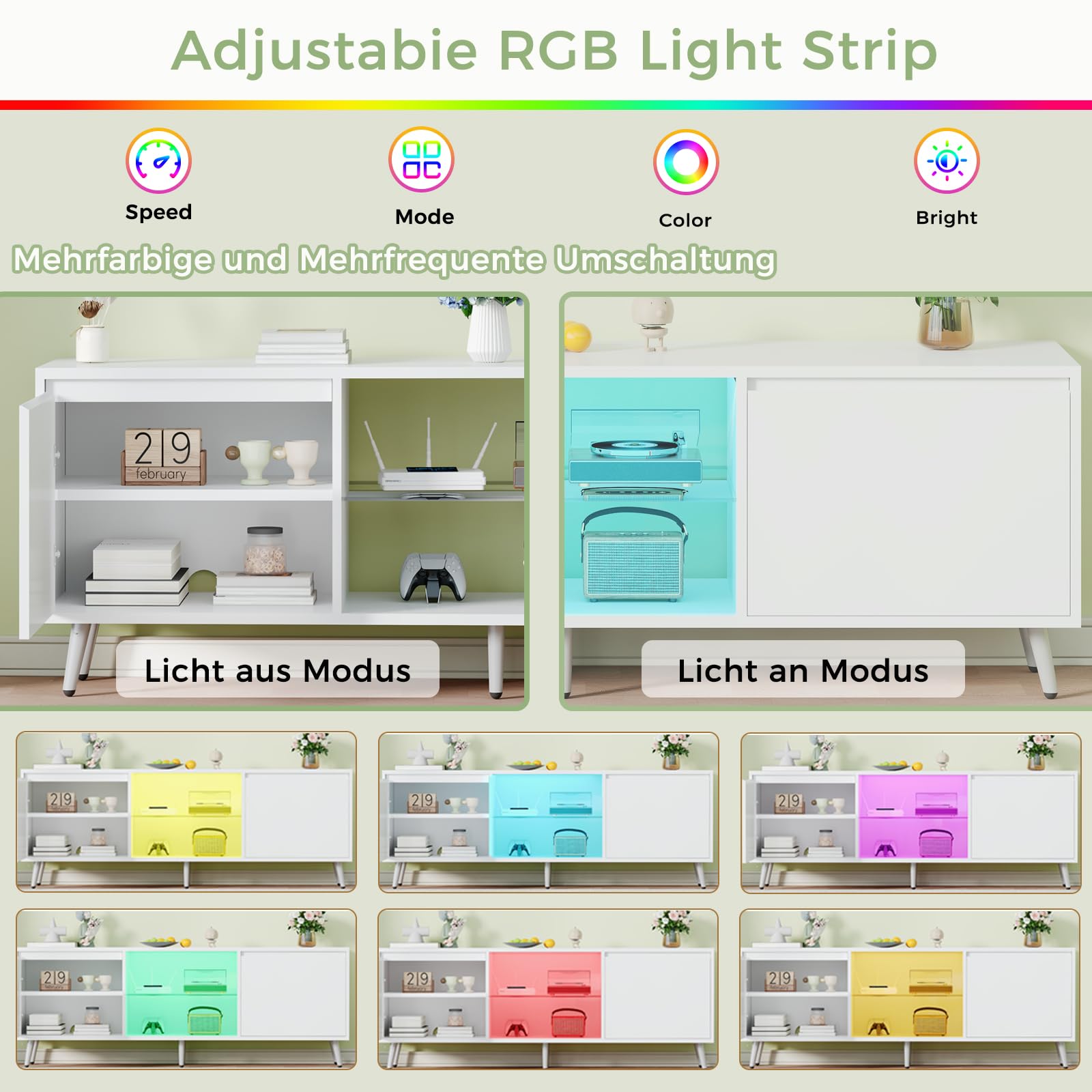 BEWISHOME Tv Schrank Mit Led Beleuchtung, Weißer Fernsehtisch Mit 2 Schranktüren, Höhenverstellbarer Glasablage, Tv Board Hochglanz Für Wohnzimmer, Schlafzimmer, Bürorau,148x40x49.5 cm EKDG04W