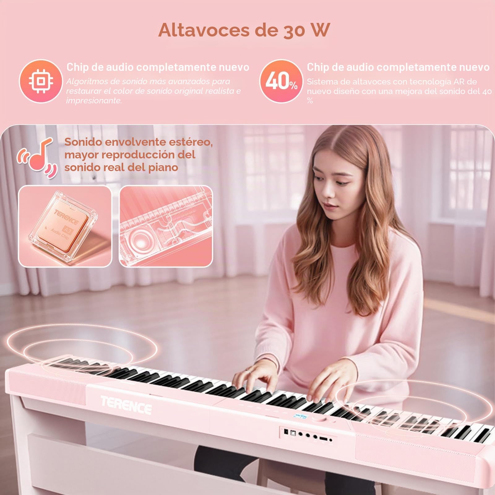TERENCE Piano Electrico 88 Teclas Teclado Dinámico Pesado 2 Altavoces de 15W Panel Táctil Sensible Función de Grabación de Video y Audio Integrada Soporte para Auriculares y Altavoces Externos Rosa
