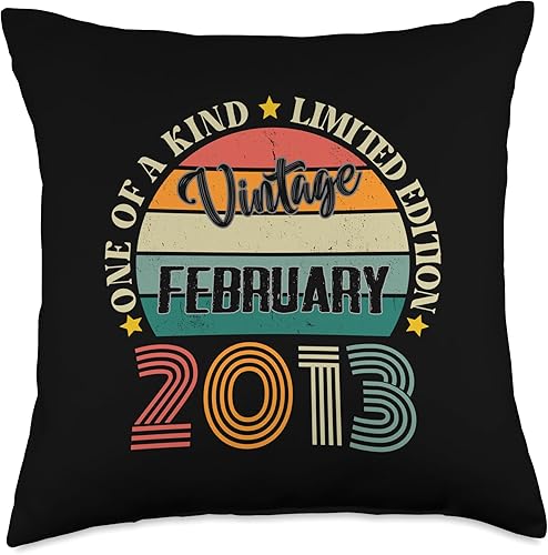 11 Year Old Vintage February 2013 11th Birthday Retro Throw Pillow, 18x18, Multicolor