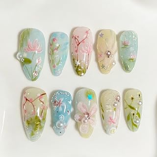 Handmade Spring Floral Press On Nails Almond Shape, Luxury Fake Nails with Pearls & Rhinestones, Glossy Full Cover Reusable Artificial Nails for Women Daily Wear, 24Pcs DIY Nail Art Set