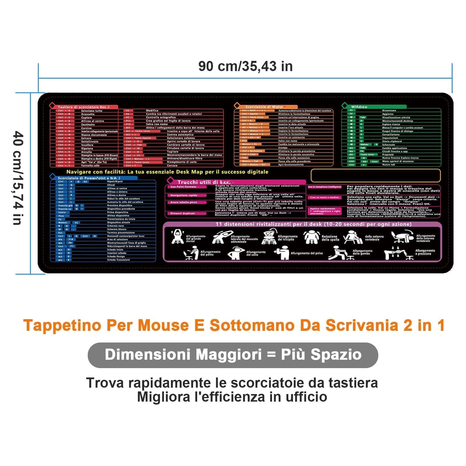 Tappetino Mouse XXL con Scorciatoie Excel in Italiano - Scrivania Ufficio con Comandi Word PPT Windows + 11 Consigli Relax - 40x90cm