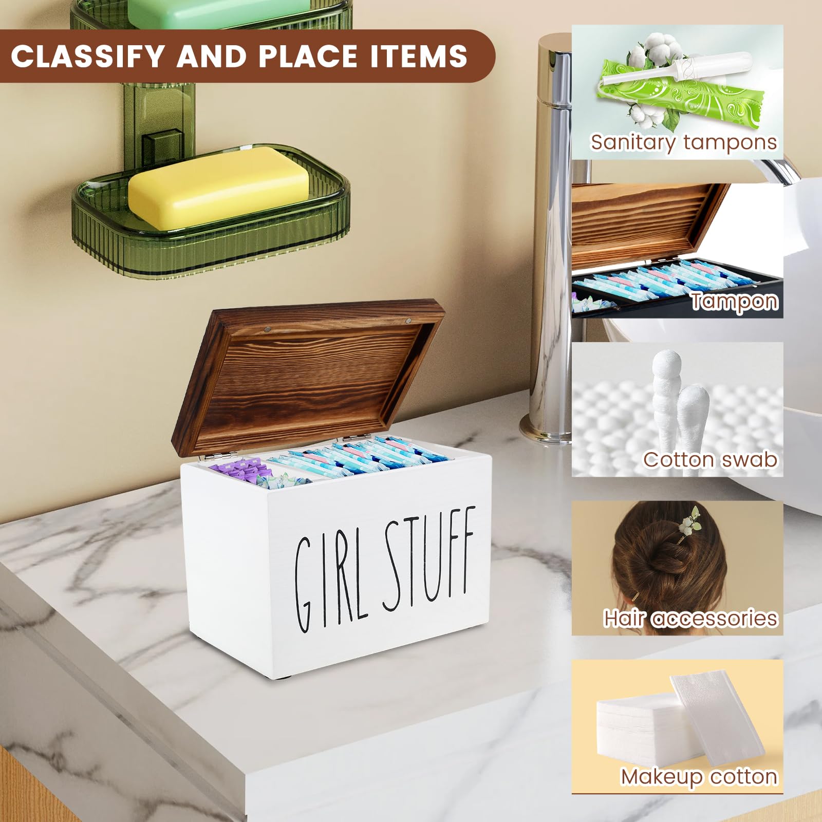 Porta Tamponi In Legno Per Bagno - Scatola Periodo Rustica Con Coperchio E 2 Scomparti, Contenitore Prodotti Femminili - 2