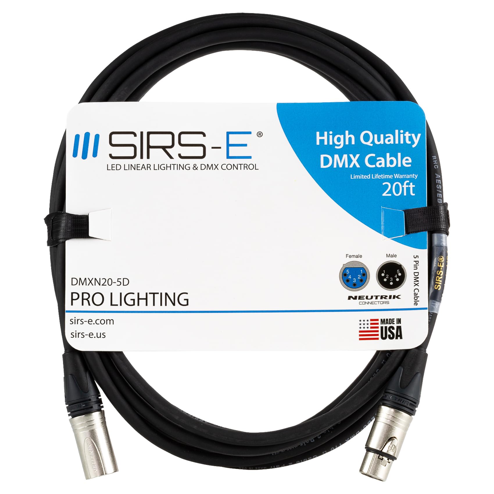 SIRS-E20 ft Flexible DMX Cable for Professional Lighting, 5 Pin Neutrik XLR Connectors, Made in USA