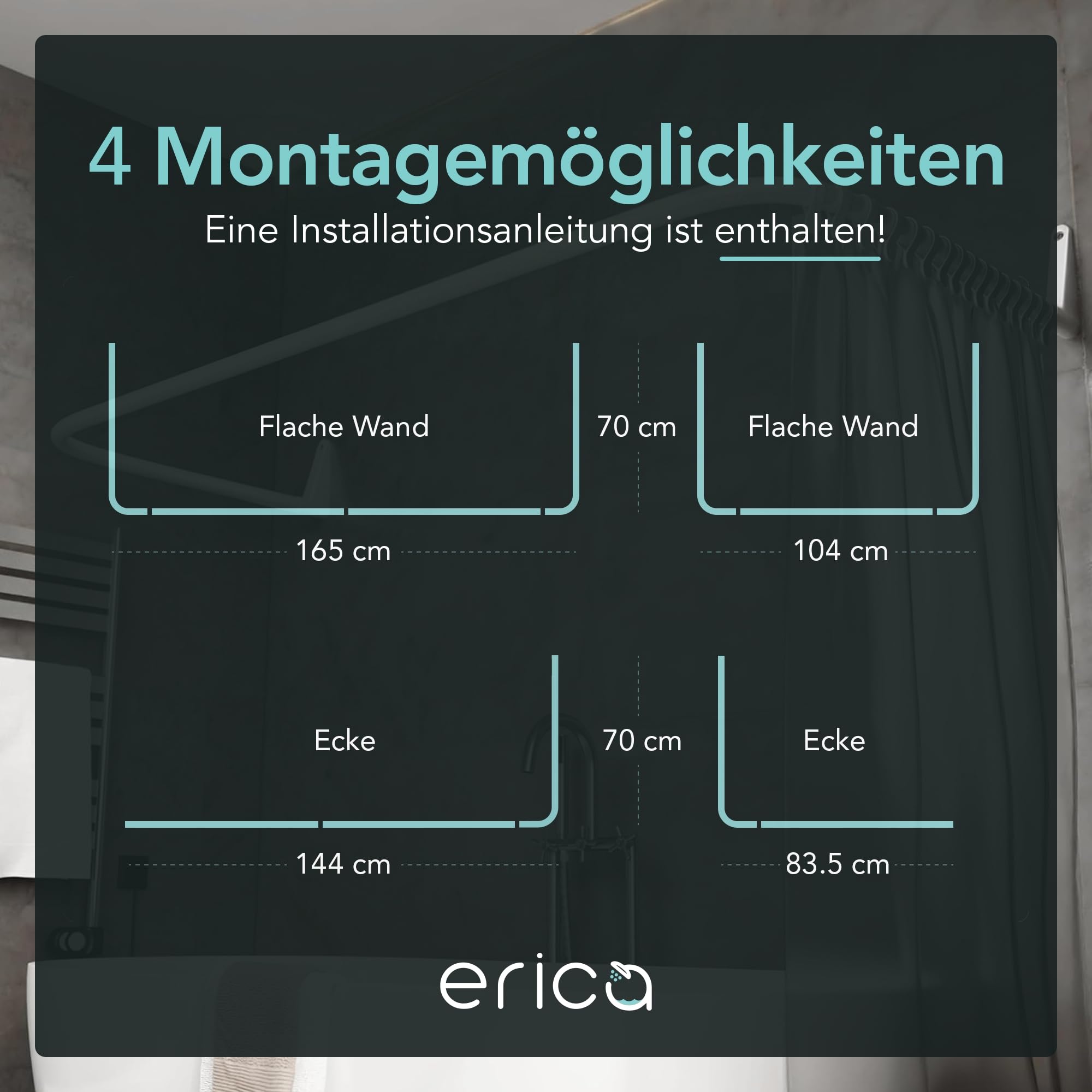 Erica Duschstange U Form, 70x165x70 cm, Montage Gegen die Wand, Eckduschstange für Badewanne ohne Halterung an der Decke, 100% Rostfrei (weiß)