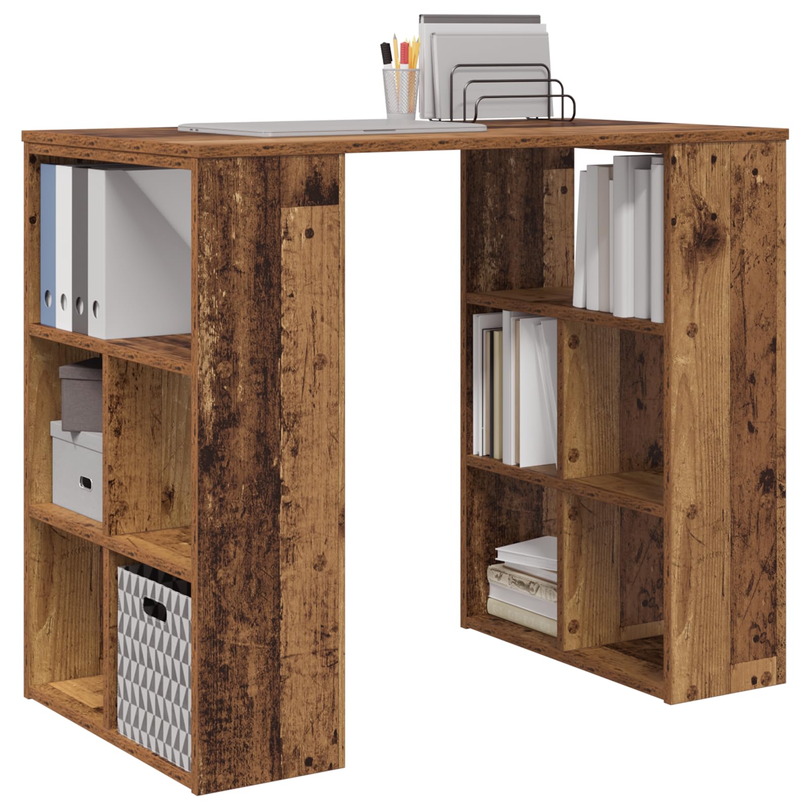 Eckschreibtisch aus Massivholz Altholz Old Wood mit verwitterter brauner Oberfläche und Regalen für Büroorganisation, minimalistisches Design, platzsparend, einfach