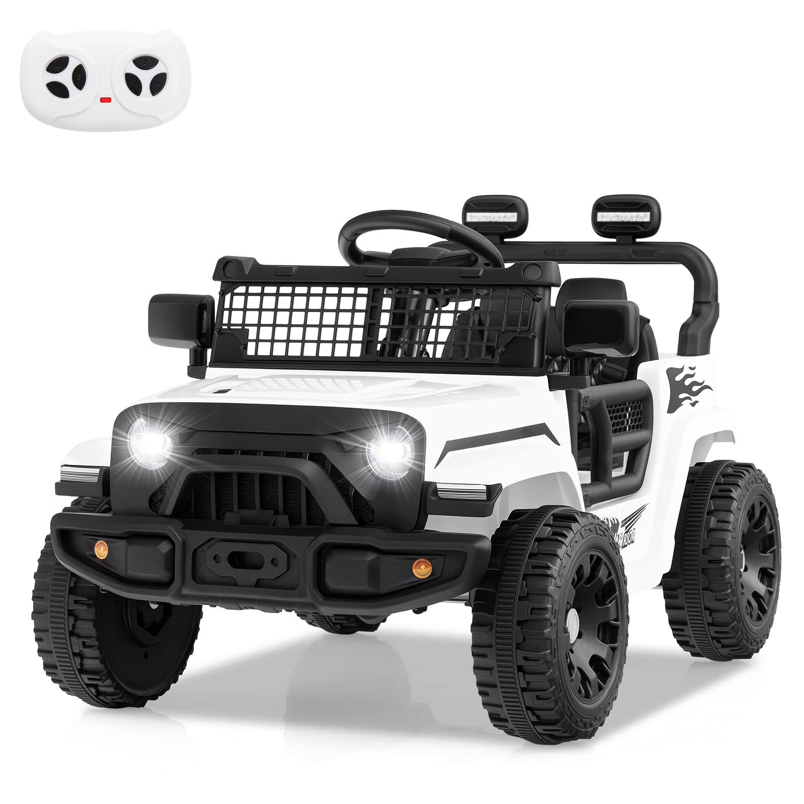 GYMAX Kids Ride on Car, 12V Battery Powered Toy Car with Remote Control, Lights, Music, Horn and Slow Start, Children Electric Off Road Truck for 3 Years Old+ (White)