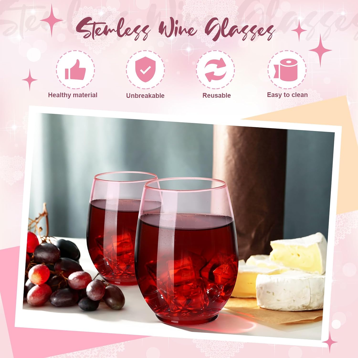 Layhit 32 Pcs Pink Stemless Wine Glasses Plastic Reusable Unbreakable Whiskey Champagne Drinking Glasses Cups for Valentine Wedding Anniversary Birthday Party (14 Oz) - Image 3