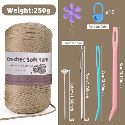Miniatura 5 de Hilo de 328 yardas para ganchillo, hilo de ganchillo café de 8.81 onzas, hilo suave para tejer a ganchillo con marcadores de puntada, agujas romas,