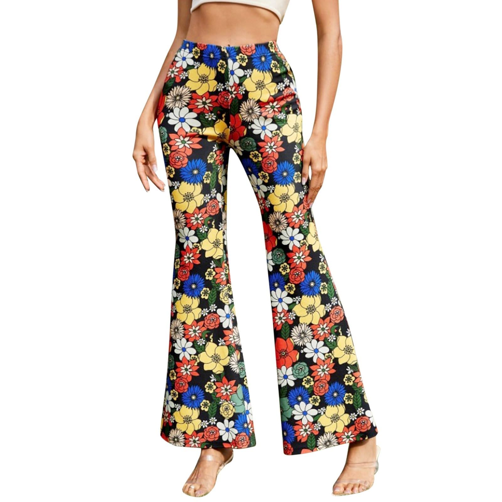 70S Flare Pants for Women Floral Print Flared Trousers Fancy Dress Costume Adult Rave Festival Outfits Wide Leg Leggings High Waist Hippie Bell Bottom Disco Costume Yoga Trousers Blue